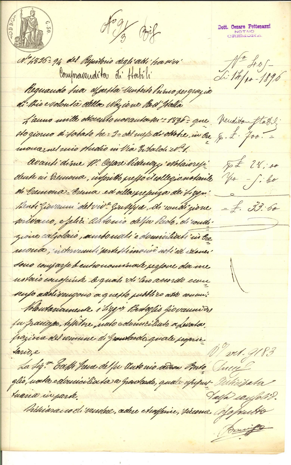 Documento originale, autentico 1896 GRONTARDO CR Irene TASSI vende a Palmiro CHIERICO casa con orto 1