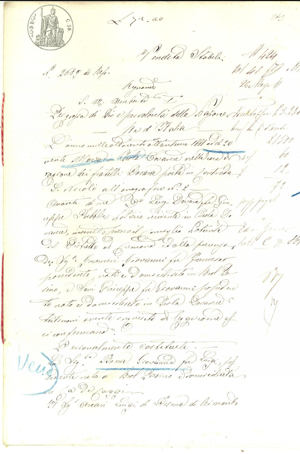 Documento originale, autentico 1881 FOSSA GUAZZONA CR Giovanna BONA vende casa e campo a Francesco CONCARI 1