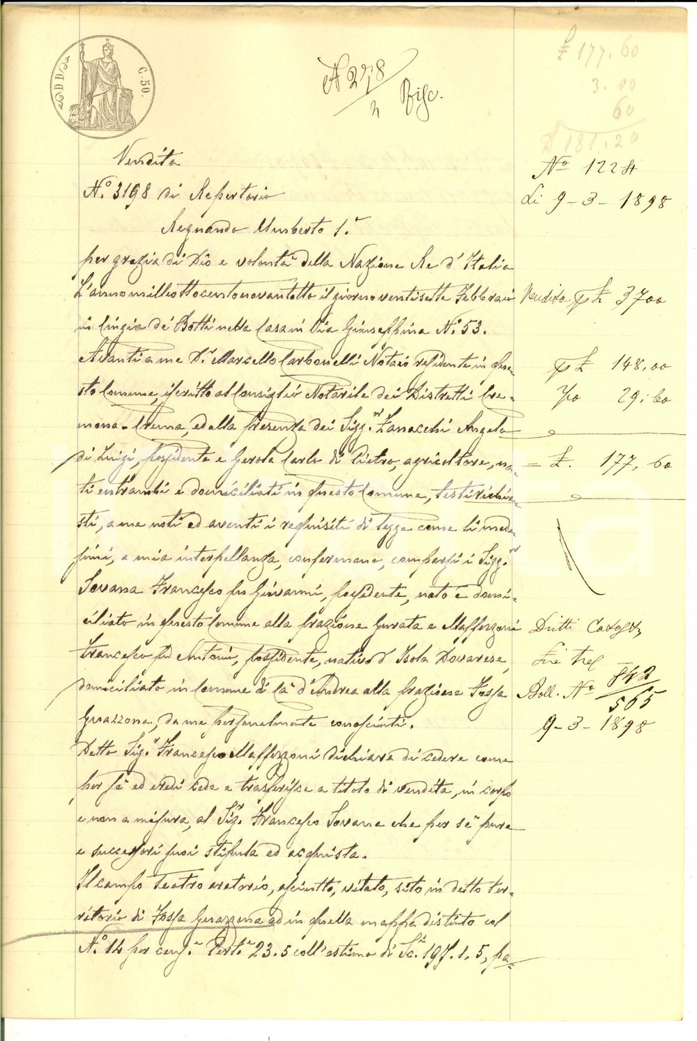 Documento originale, autentico 1898 FOSSA GUAZZONA Francesco MAFFEZZONI vende campo TEATRO a Francesco SOVANA 1