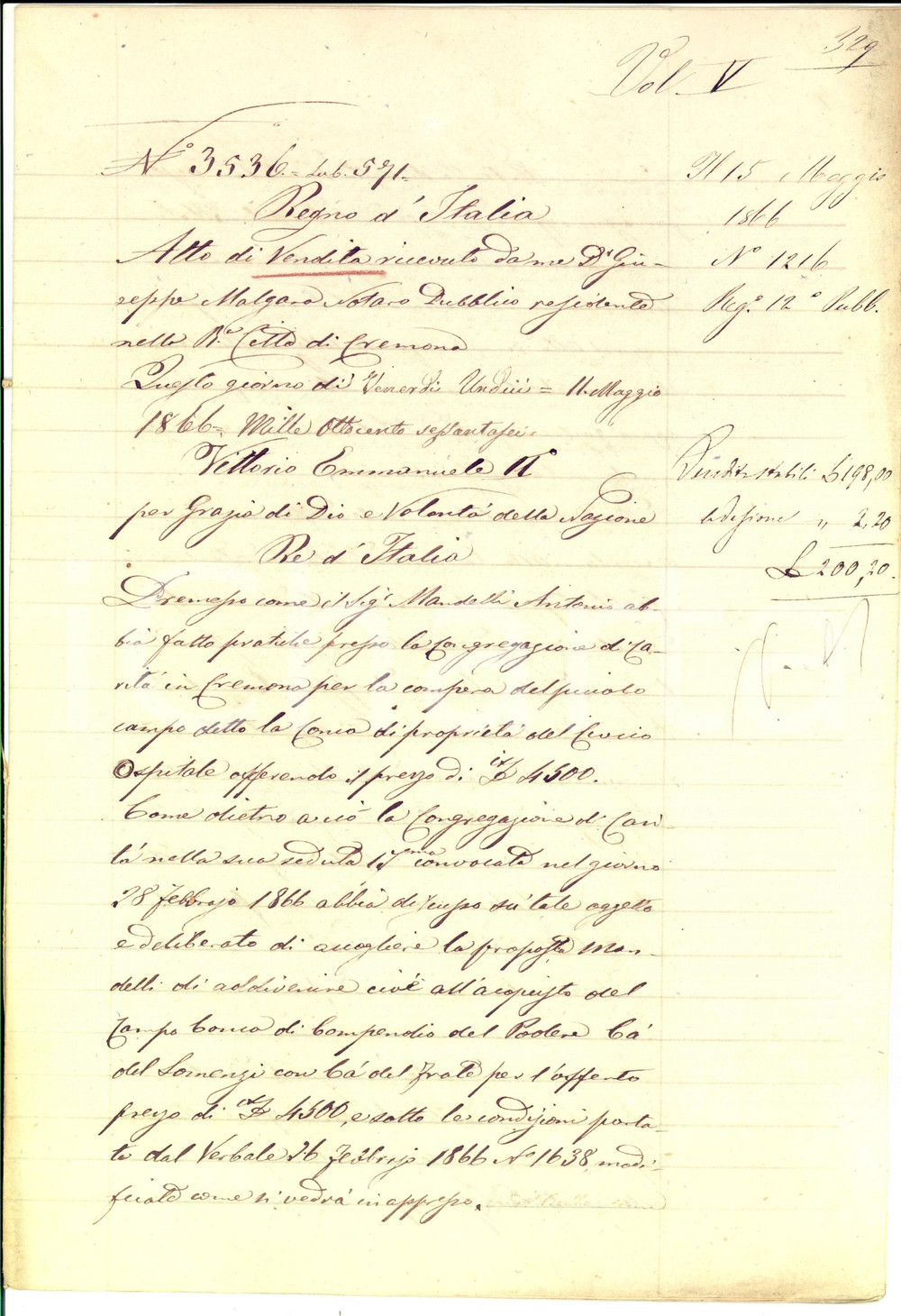 Documento originale, autentico 1866 CREMONA CORPI SANTI Ospedale Maggiore vende campo ad Antonio MANDELLI 1