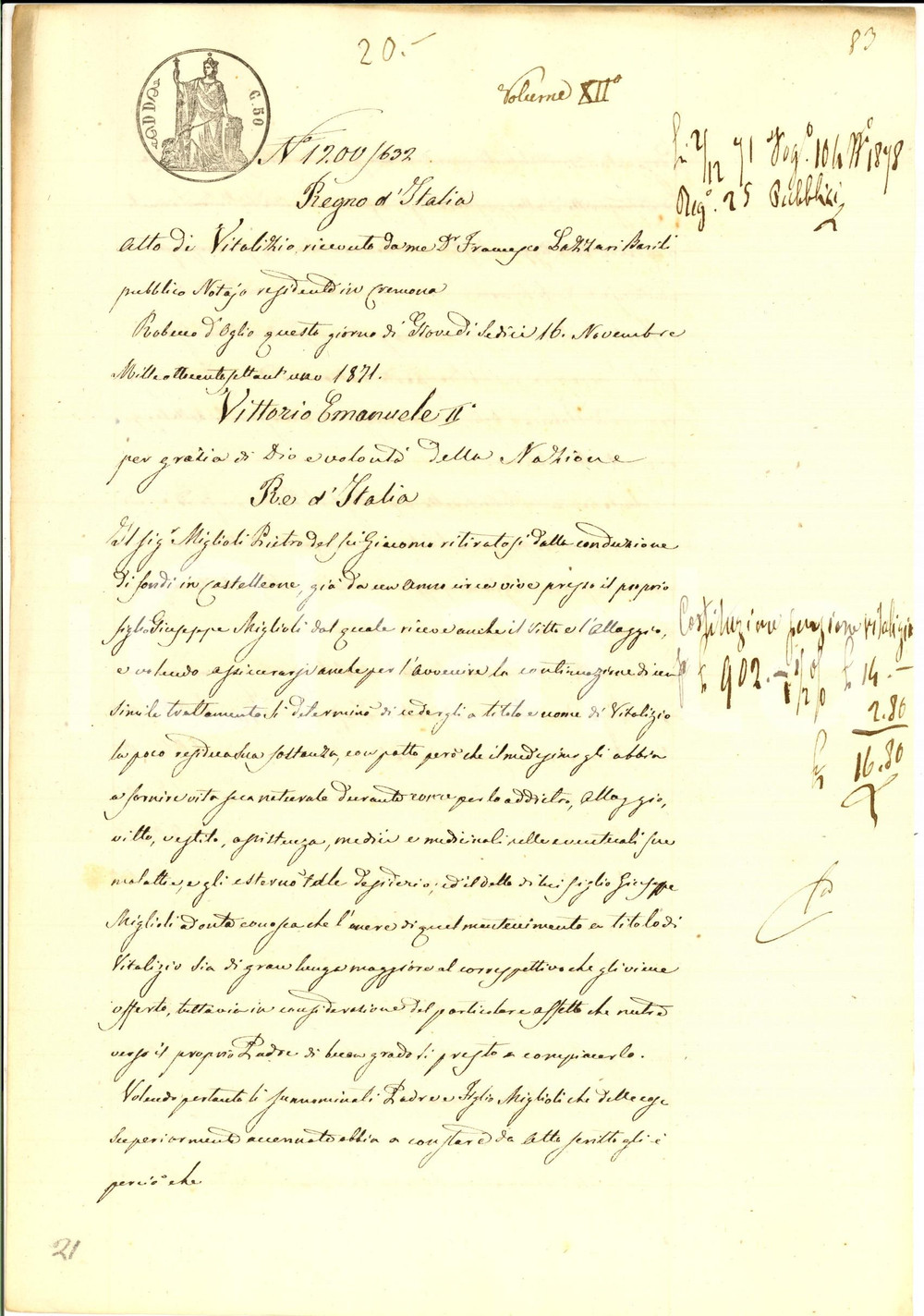 Documento originale, autentico 1871 CASTELLEONE Atto vitalizio Giuseppe MIGLIOLI pro padre Pietro Manoscritto 1