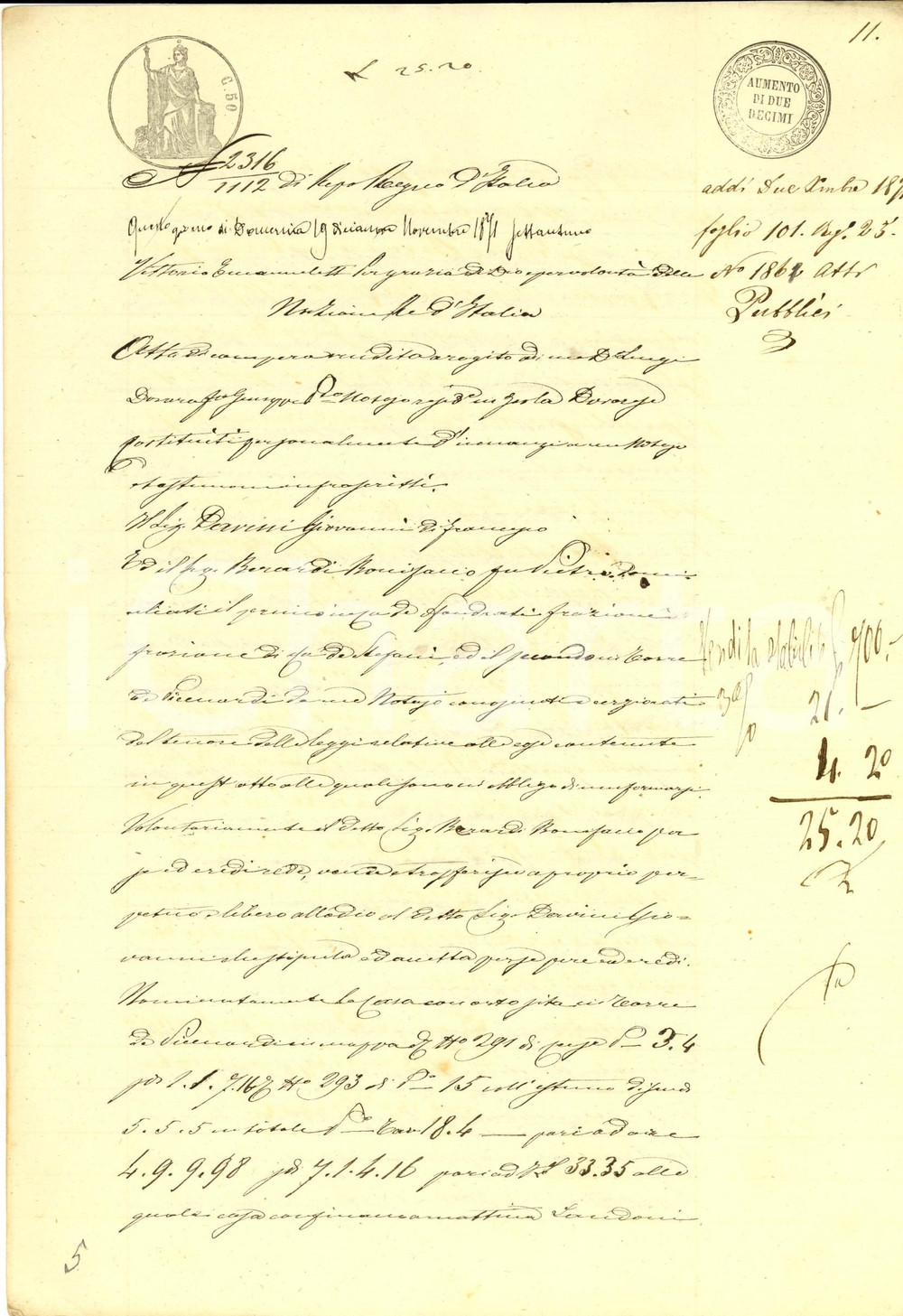 Documento originale, autentico 1861 TORRE DE  PICENARDI Bonifacio BERARDI vende casa a Giovanni DERVINI 1