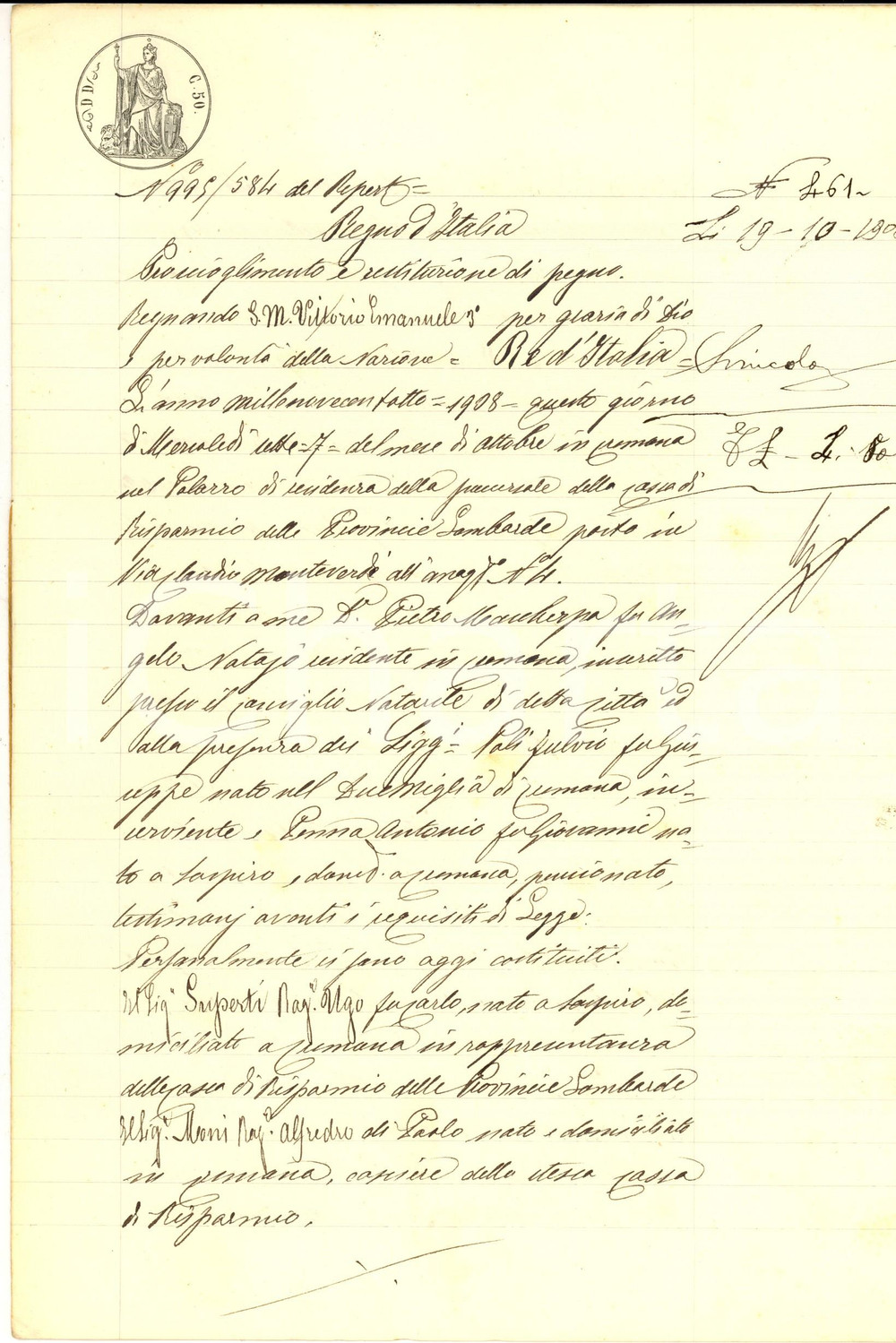 Documento originale, autentico 1908 CREMONA Restituzione di pegno a Emilia ARALDI per prestito Manoscritto 1