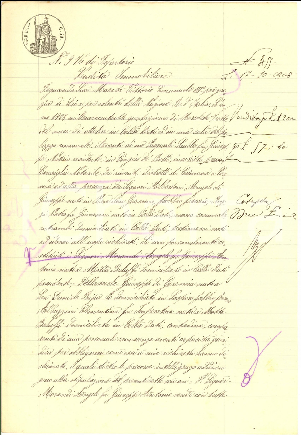 Documento originale, autentico 1908 FONTANA CELLA DATI Angelo MORANDI vende a fratelli DELLAMELE casa con orto 1