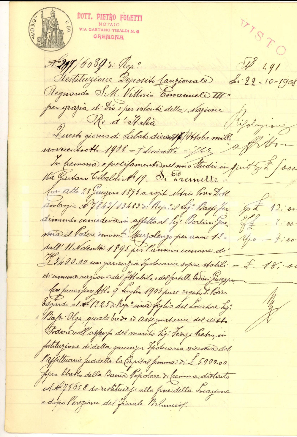 Documento originale, autentico 1908 CREMONA Cessazione affitto e restituzione cauzione a vedova Geremia BODINI 1