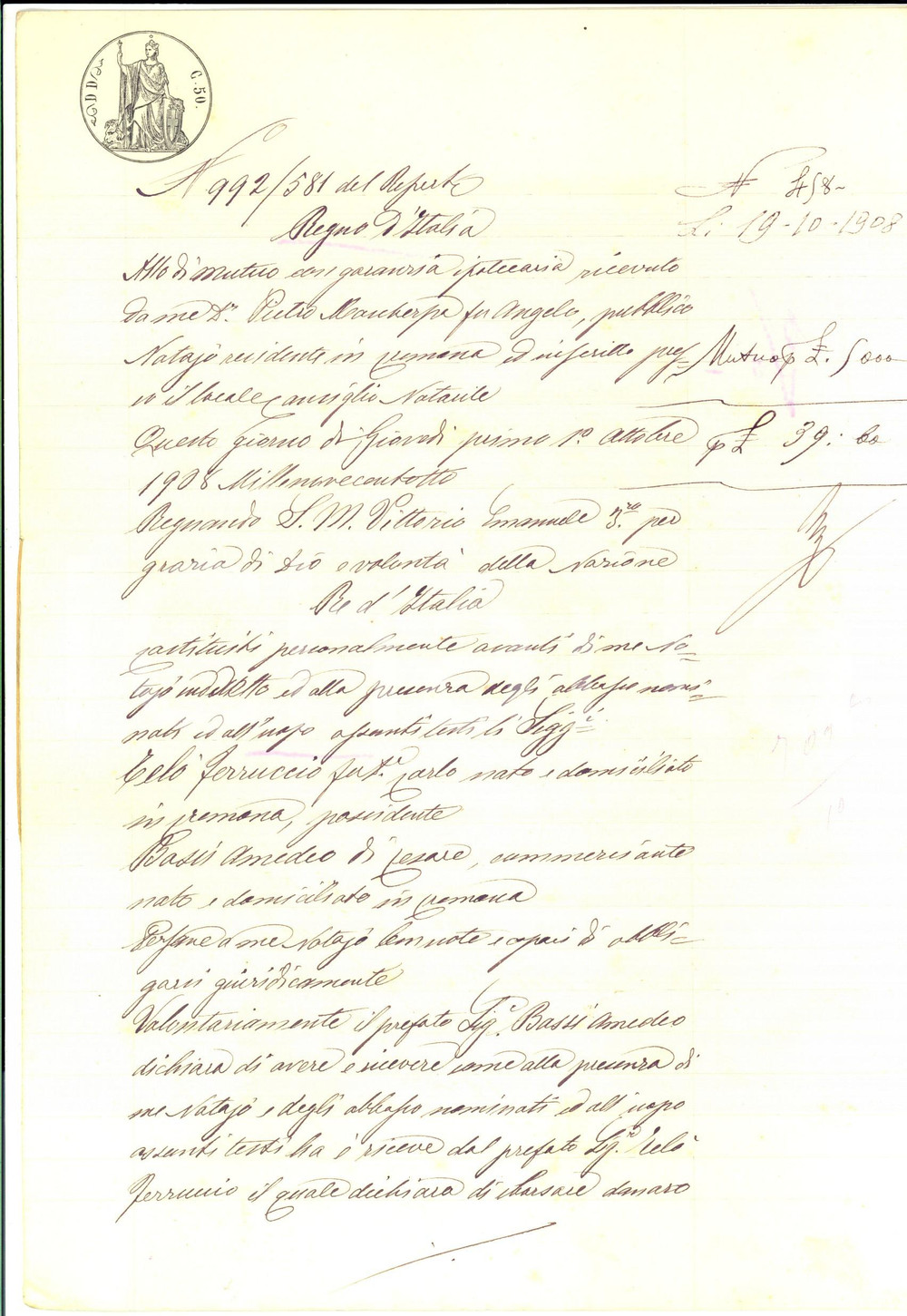 1908 CREMONA Prestito di Amedeo BASSI a Ferruccio TELO' *Manoscritto Atto notarile d'epoca.CONDIZIONI: G    originale e autentica 1