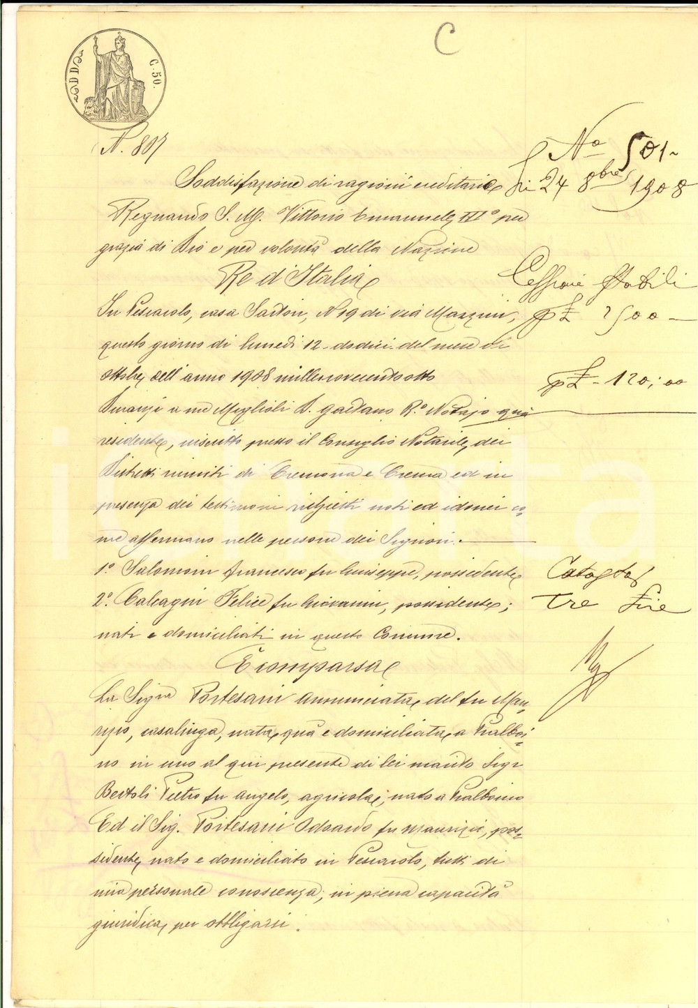 Documento originale, autentico 1908 PESCAROLO CR Soddisfazione ragioni ereditarie defunto Maurizio PORTESANI 1