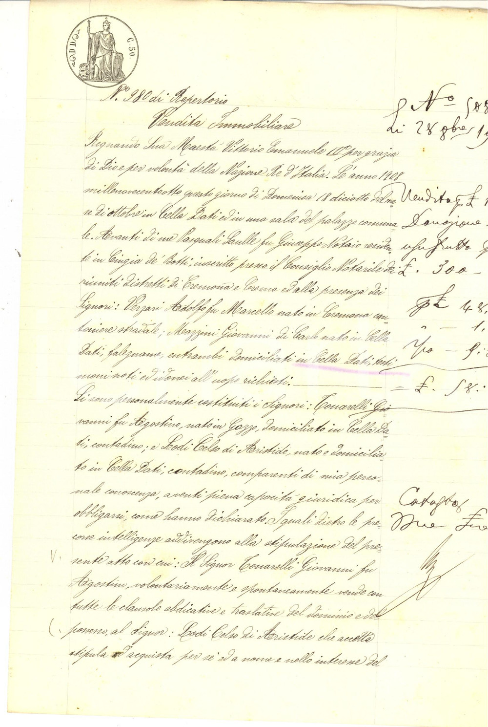 Documento originale, autentico 1908 PUGNOLO/ CELLA DATI Giovanni TOMARELLI vende a Celso LODI casa con porcile 1