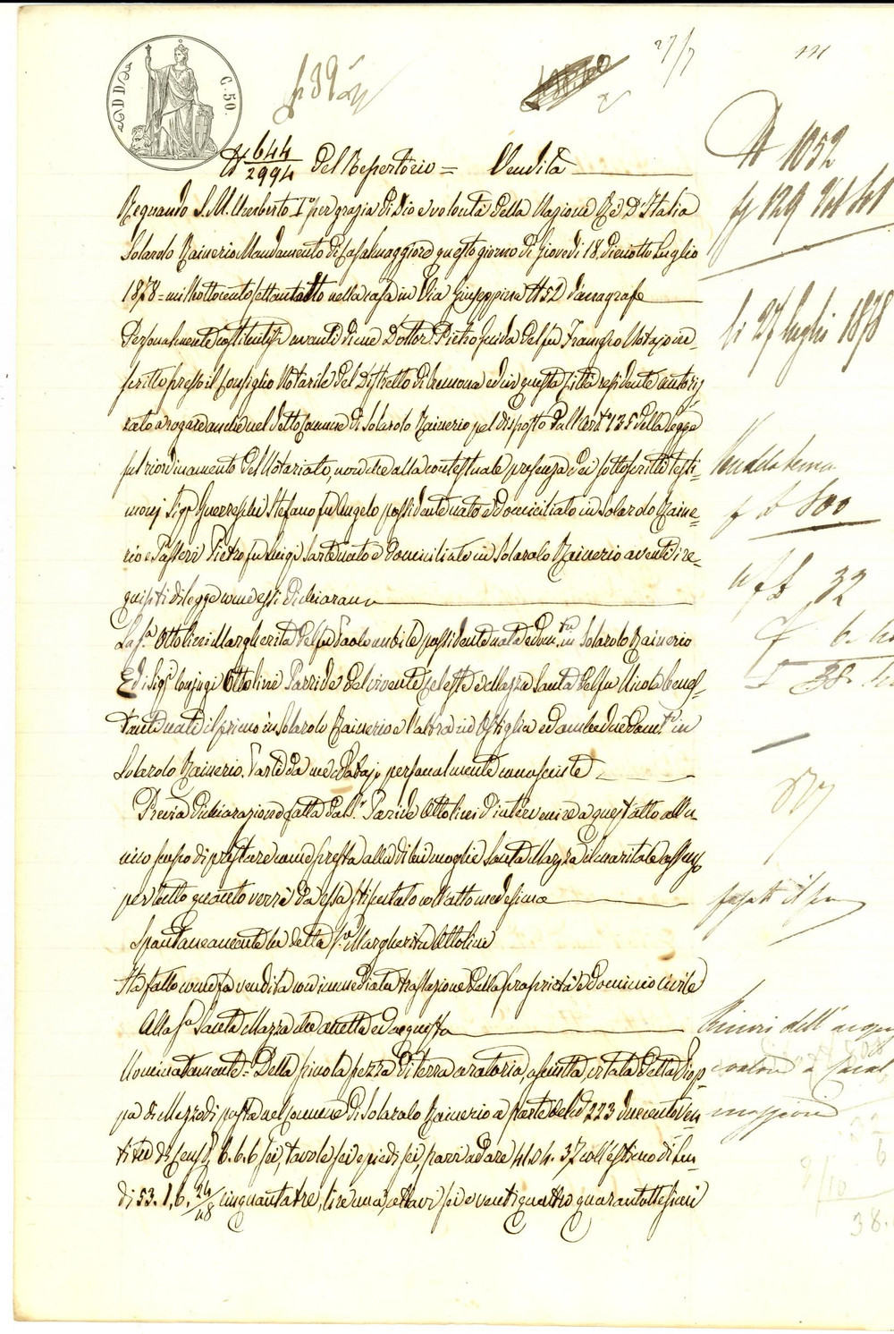 Documento originale, autentico 1878 SOLAROLO RAINERIO CR Margherita ATTOLINI vende terra PIOPPA a Santa MAZZA 1