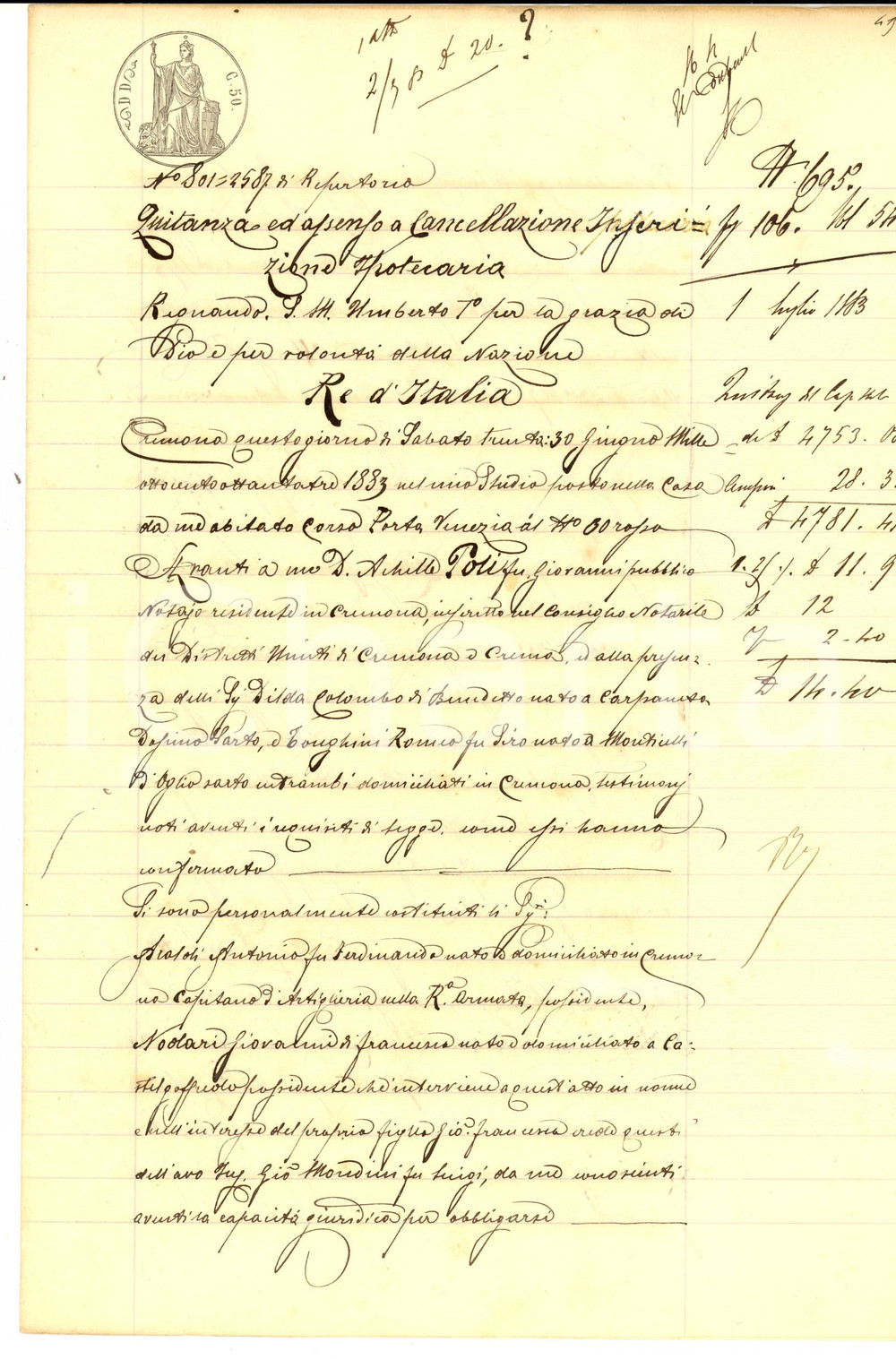 Documento originale, autentico 1883 CREMONA Quietanza di Antonio AROLDI a Giovanni NODARI per saldo debito 1