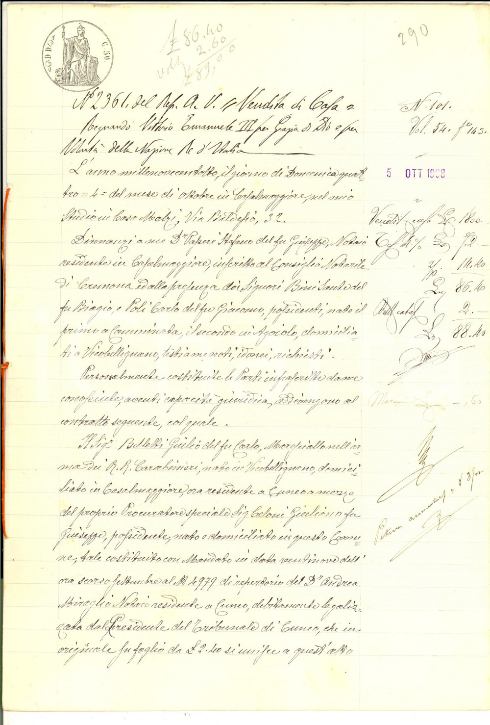 Documento originale, autentico 1908 VICOBELLIGNANO CR Giulio BELLETTI vende casa a Giuseppe TAGLIOLI 1