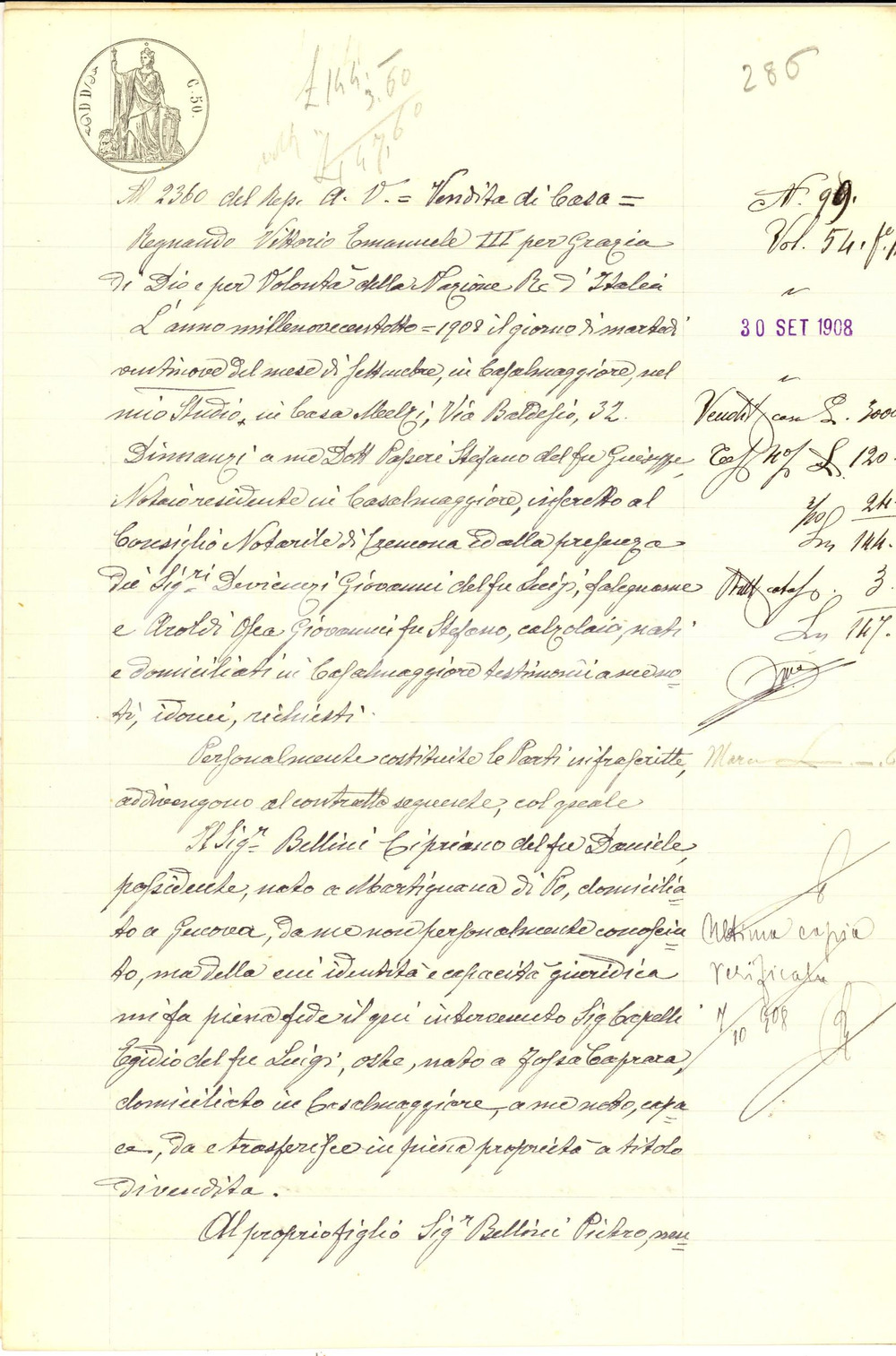 Documento originale, autentico 1908 MARTIGNANA DI PO Cipriano BELLINI vende al figlio Pietro casa con terreno 1