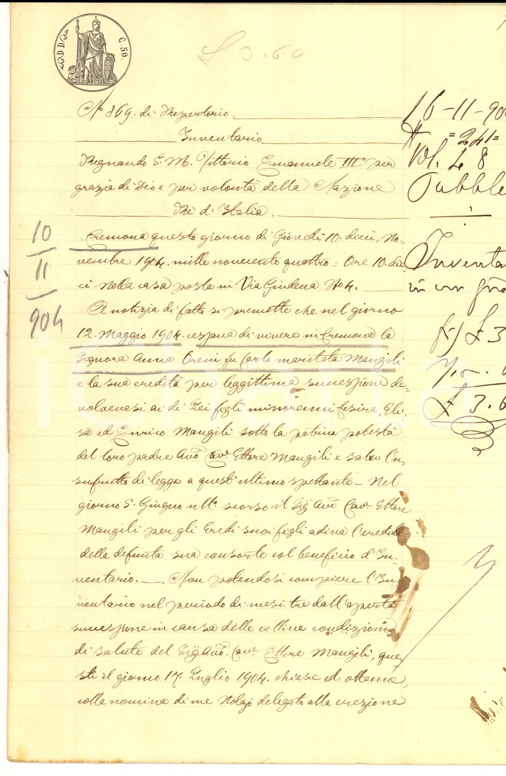 Documento originale, autentico 1904 CREMONA Inventario ereditÃ  di Anna BREVI MANGILI Manoscritto 12 pp. 1