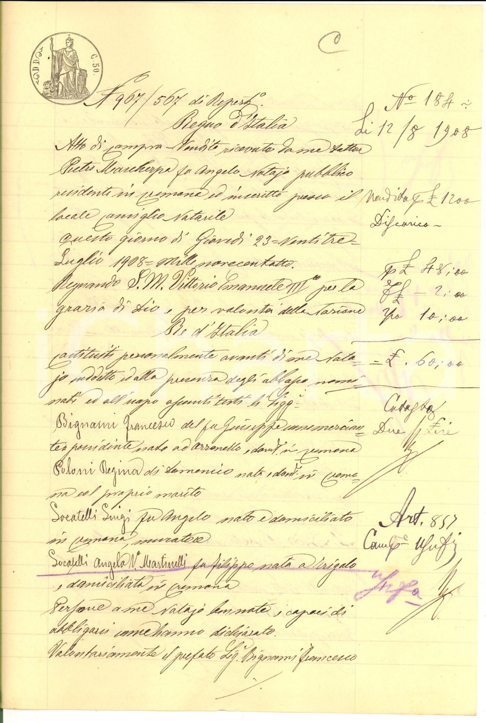 Documento originale, autentico 1908 CREMONA Francesco BIGNAMI vende casa in via DULCIA ad Angela LOCATELLI 1