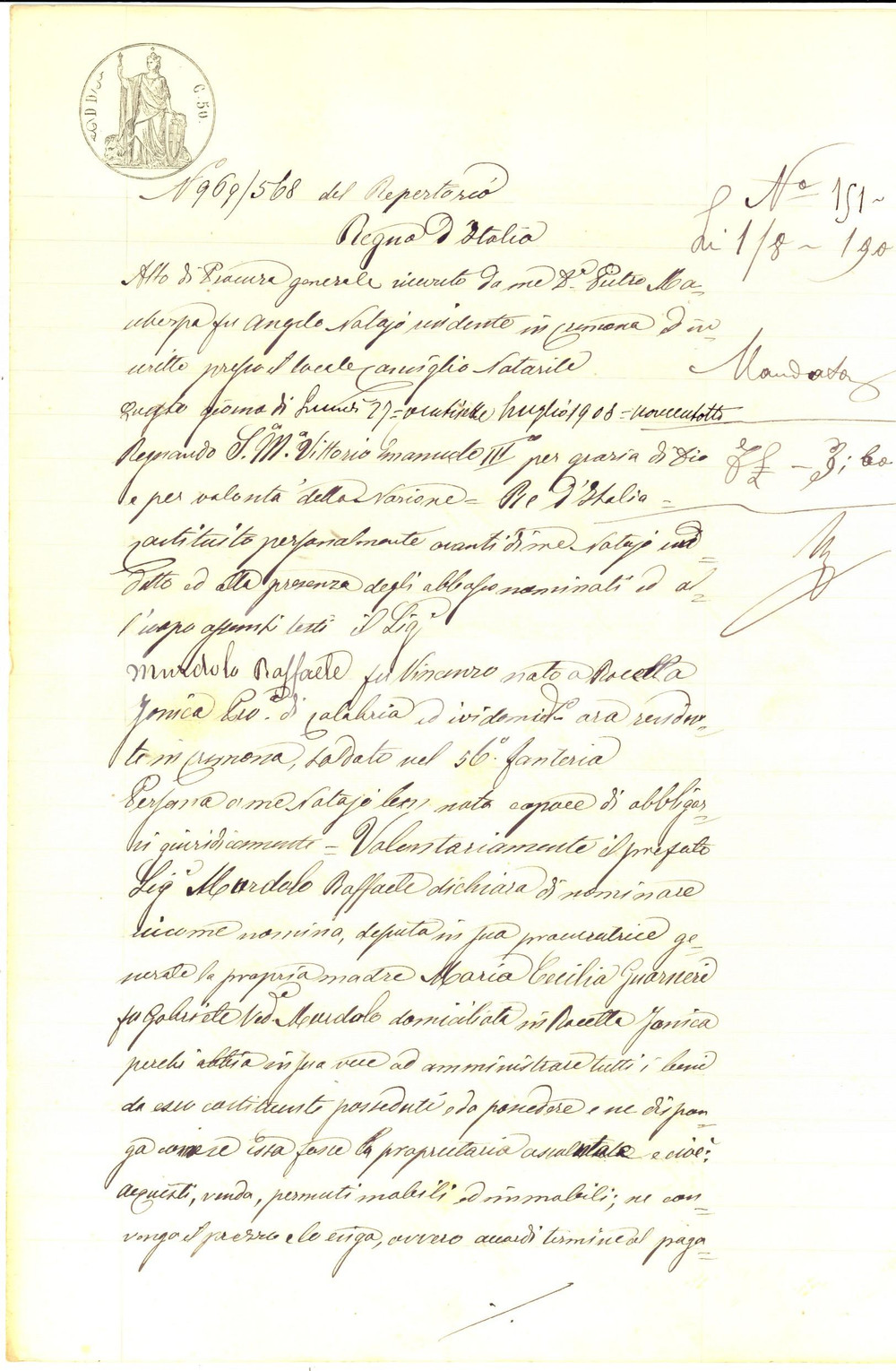 Documento originale, autentico 1908 CREMONA Mandato di Raffaele MURDOLO di ROCCELLA JONICA alla madre 1