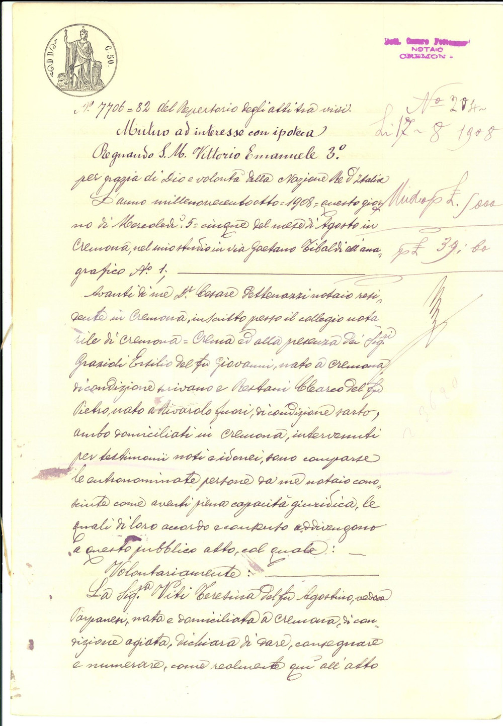 Documento originale, autentico 1908 CREMONA Contratto mutuo tra Teresina VITI e Rosa BEDUSCHI Manoscritto 1
