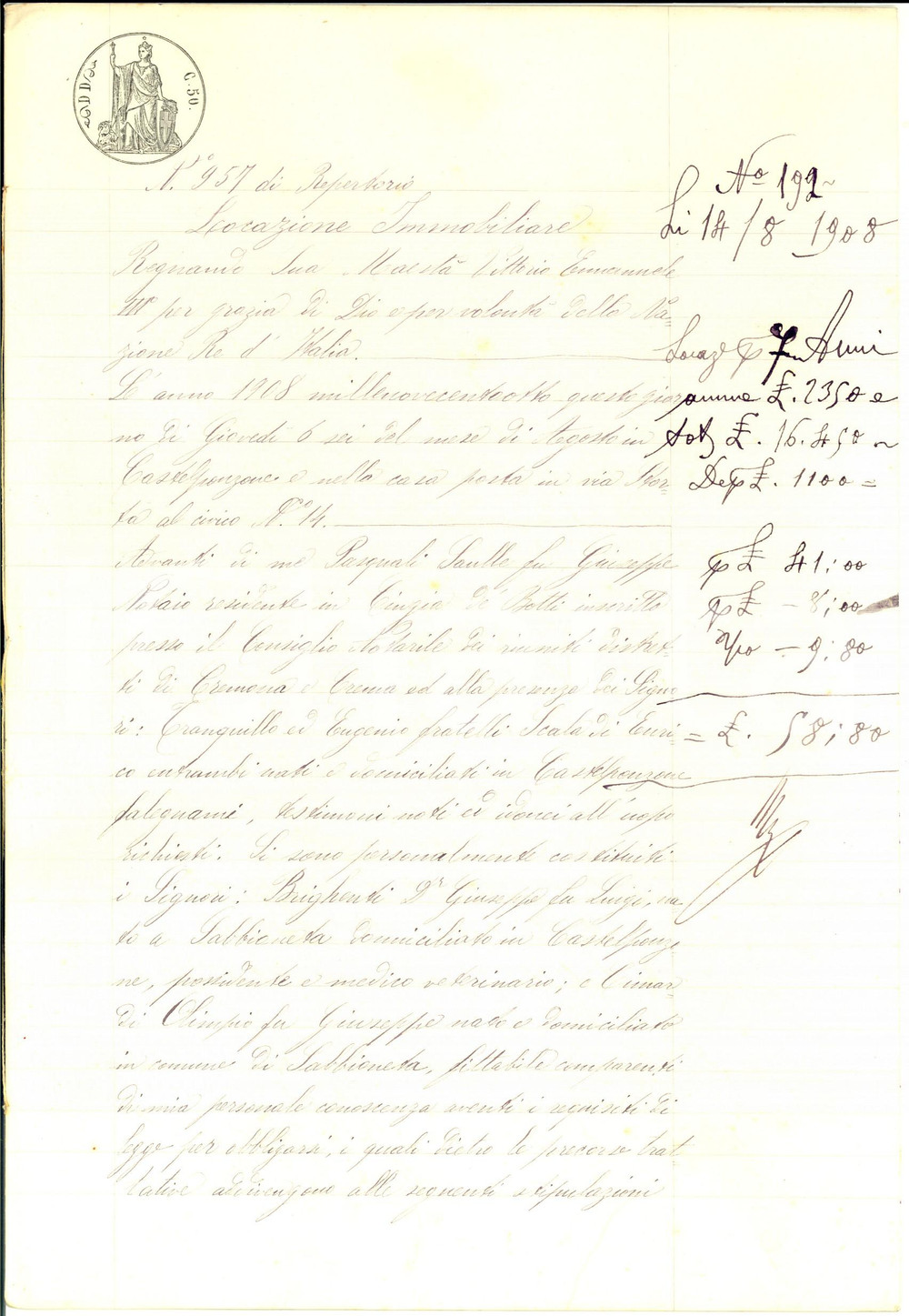 Documento originale, autentico 1908 SABBIONETA Giuseppe BRIGHENTI affitta campi e rustico a Olimpio CIMARDI 1