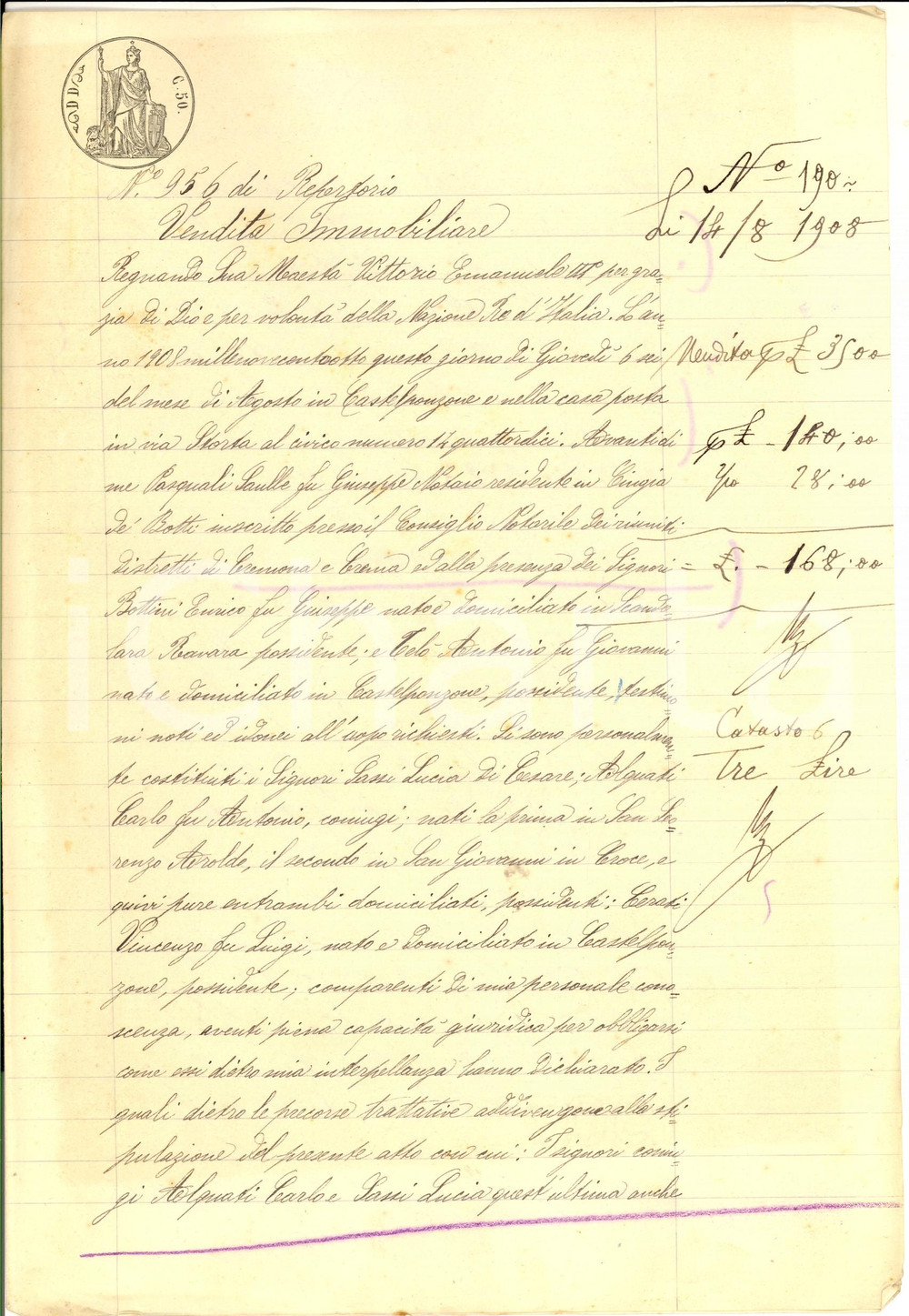 Documento originale, autentico 1908 CARUBERTO CR Carlo ALQUATI e Lucia SASSI vendono campo a Vincenzo CERATI 1