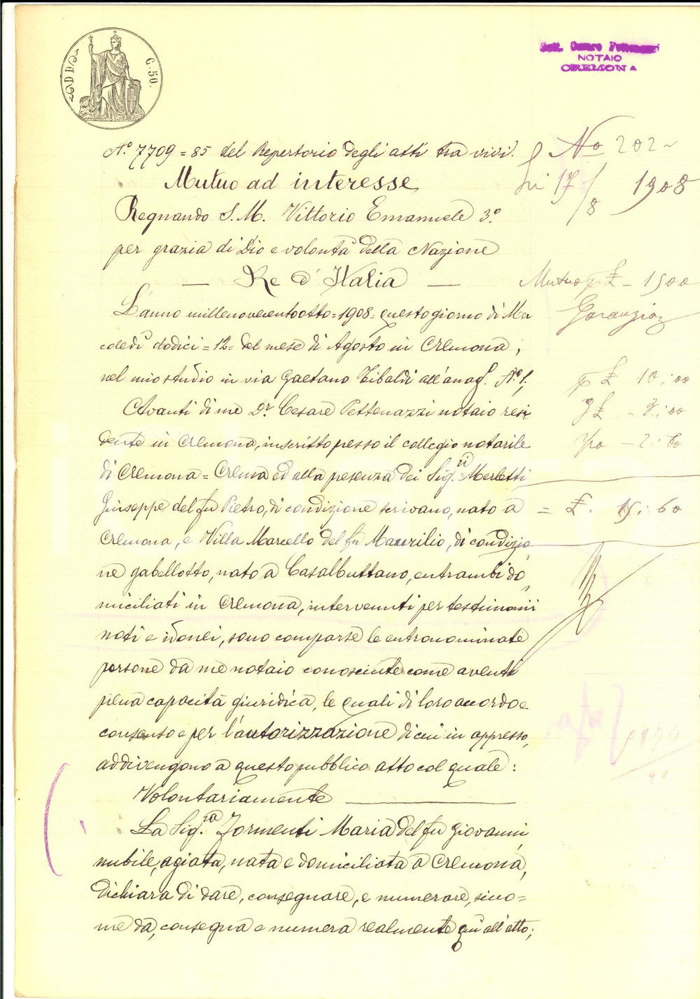 Documento originale, autentico 1908 CREMONA Contratto mutuo tra Maria FORMENTI e Maria BELLINI Manoscritto 1