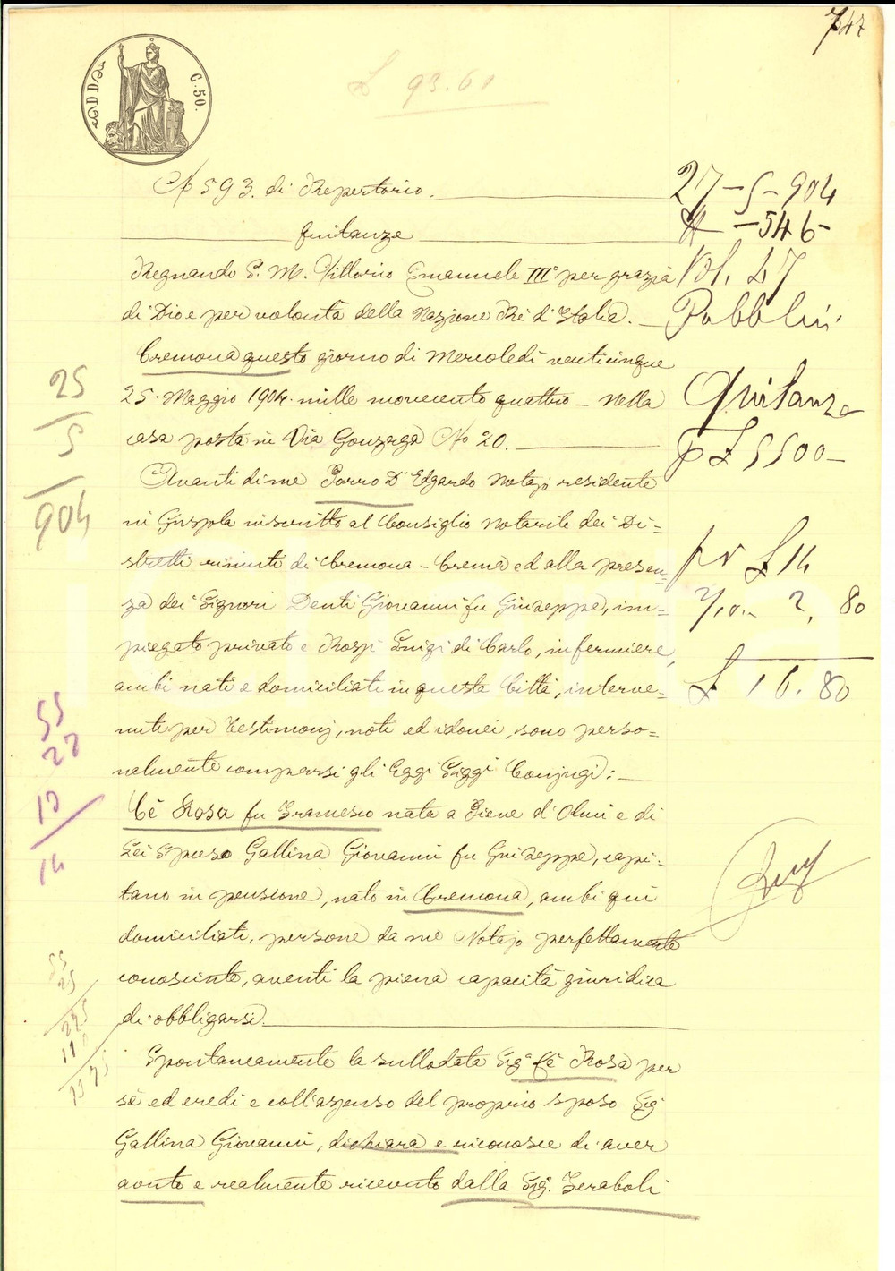 Documento originale, autentico 1904 CREMONA Quietanza di Rosa CE  a Maria FERABOLI per saldo Manoscritto 1