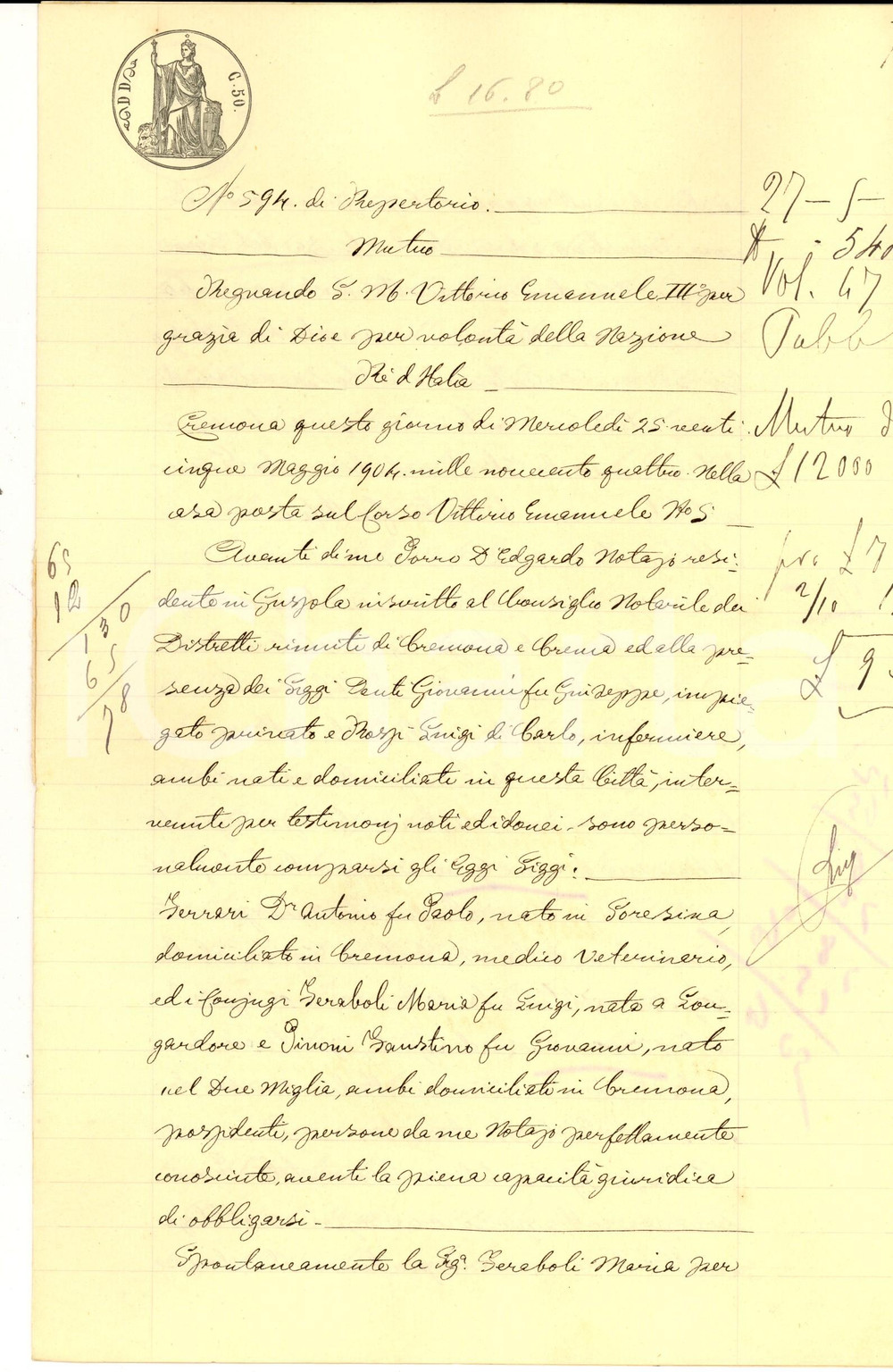 Documento originale, autentico 1904 CREMONA Contratto prestito di Antonio FERRARI a Maria FERABOLI Manoscritto 1