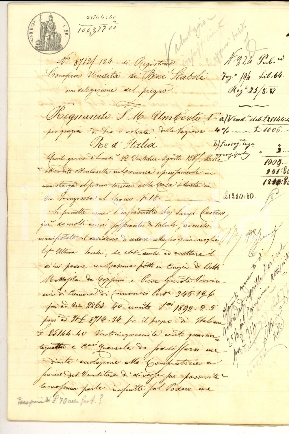 1887 CINGIA DE' BOTTI (CR) Luigi CURTANI vende stabili a Ultima SACCHI 36 pp. Atto notarile d'epoca.CONDIZIONI: G    originale e autentica 1