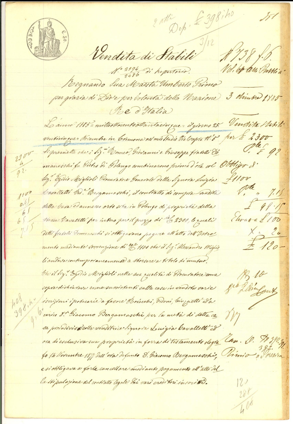 Documento originale, autentico 1885 POLENGO CR Luigia CAVALLETTI vende ai fratelli DOMANESCHI casa con orto 1