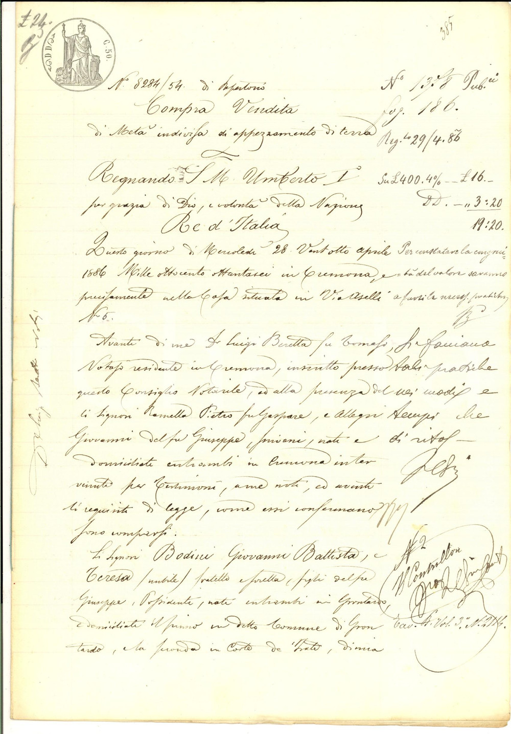 Documento originale, autentico 1886 GRONTARDO Giovanni Battista BODINI vende metÃ  terra alla sorella Teresa 1