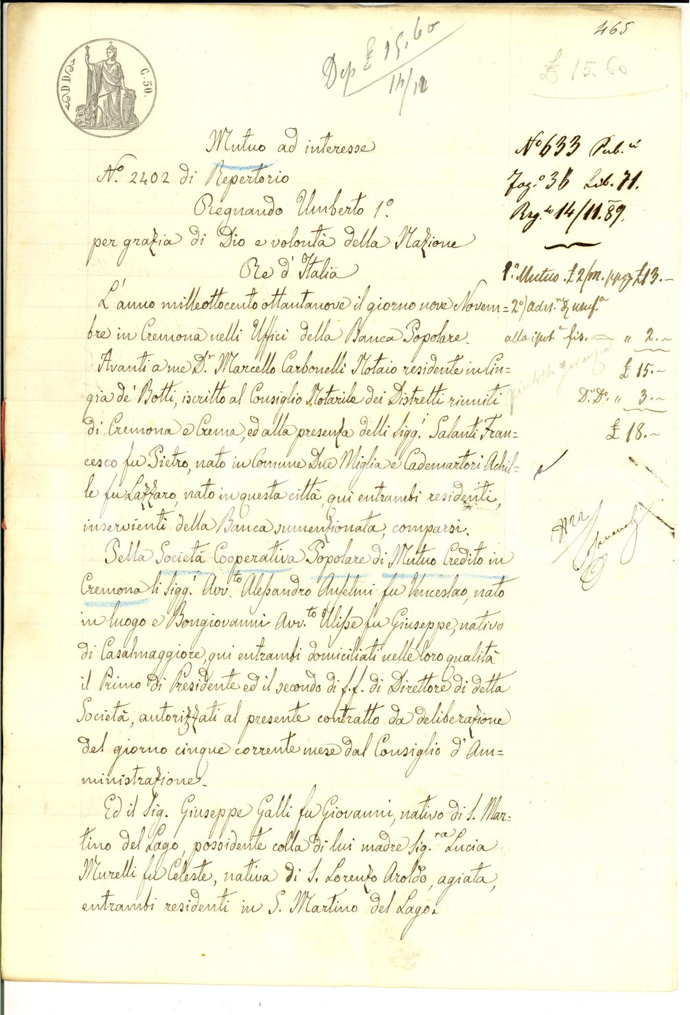 Documento originale, autentico 1889 SAN MARTINO DEL LAGO Prestito SocietÃ  Mutuo Credito a Giuseppe GALLI 1