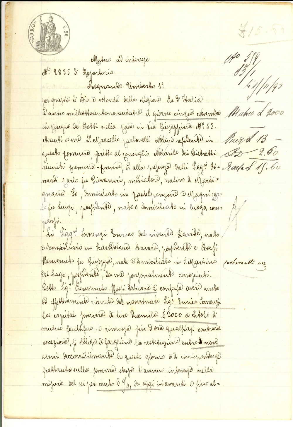 Documento originale, autentico 1893 SAN MARTINO DEL LAGO Prestito di Enrico SOMENZI a Benvenuto ROSSI 1