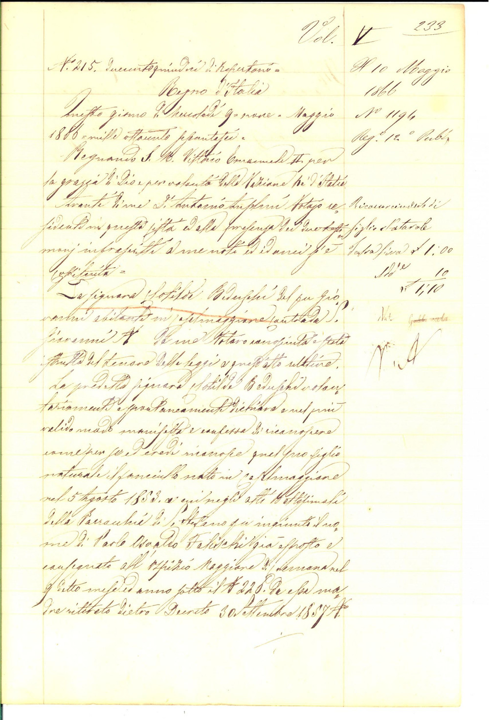 Documento originale, autentico 1886 CASALMAGGIORE Clotilde BEDUSCHI riconosce figlio Paolo Osvaldo FALISCHI 1