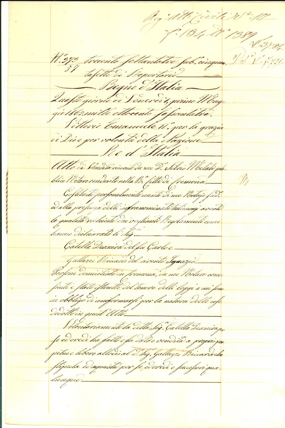 1867 CREMONA Deanira CATELLA vende casa in S. ARCALDO a Riccardo GALLAZZI Atto notarile d'epoca.CONDIZIONI: G    originale e autentica 1