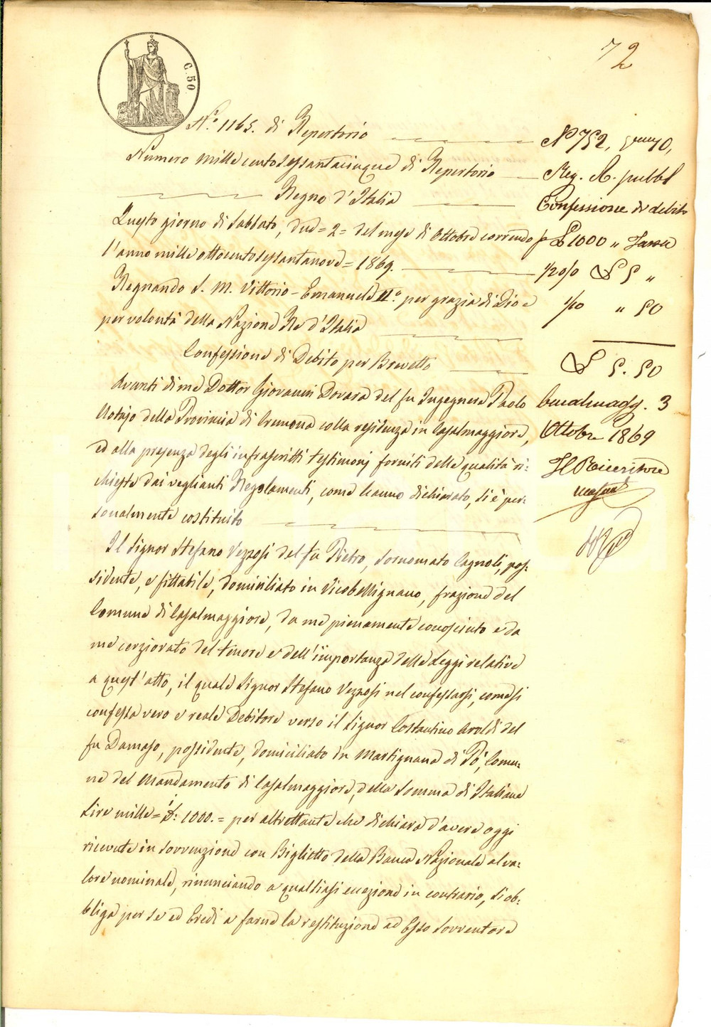 Documento originale, autentico 1869 VICOBELLIGNANO Confessione debito Stefano VEZZOSI verso Costantino AROLDI 1
