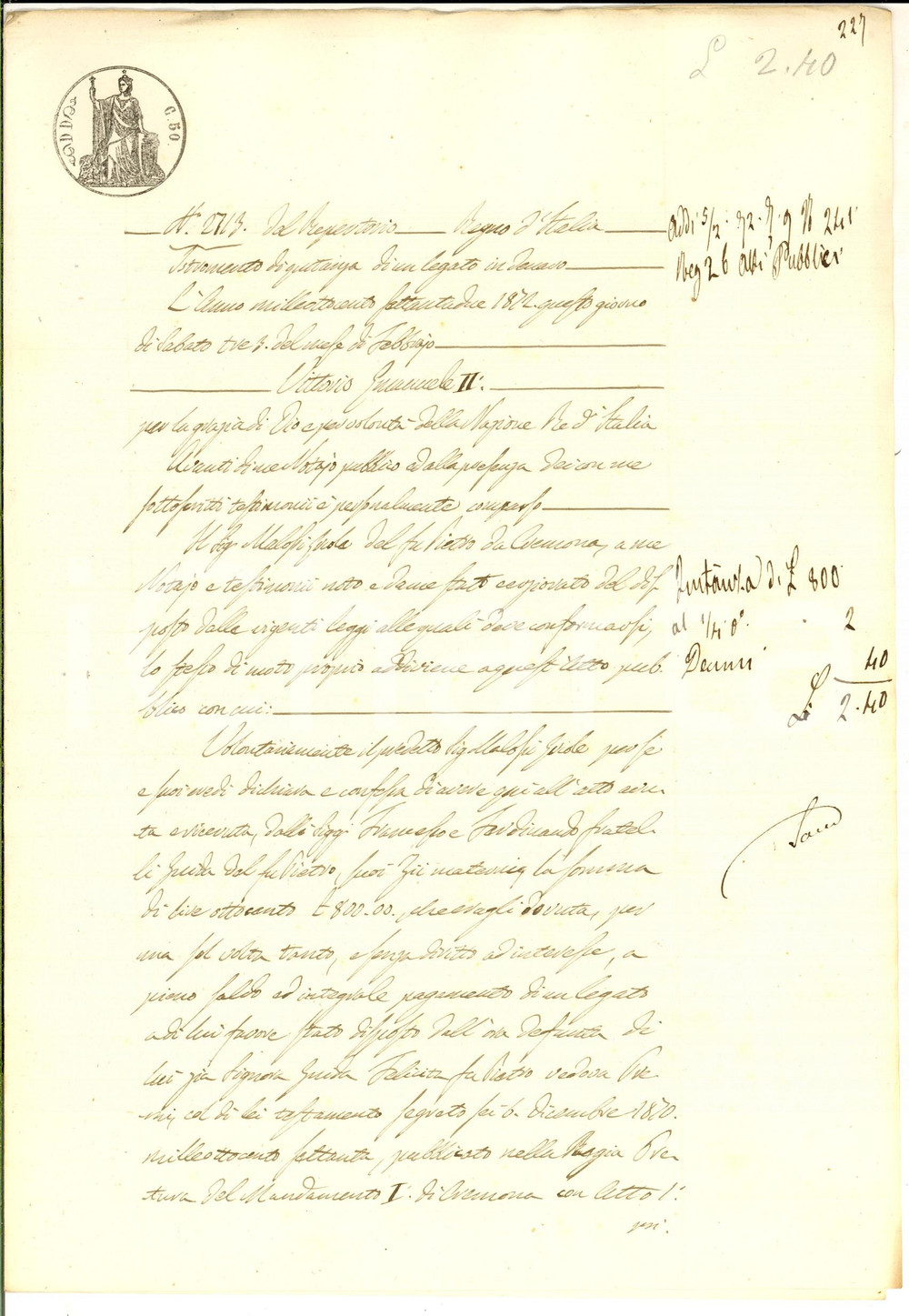 Documento originale, autentico 1872 CREMONA Quietanza Guido MALOSSI ai fratelli Francesco e Ferdinando GUIDA 1