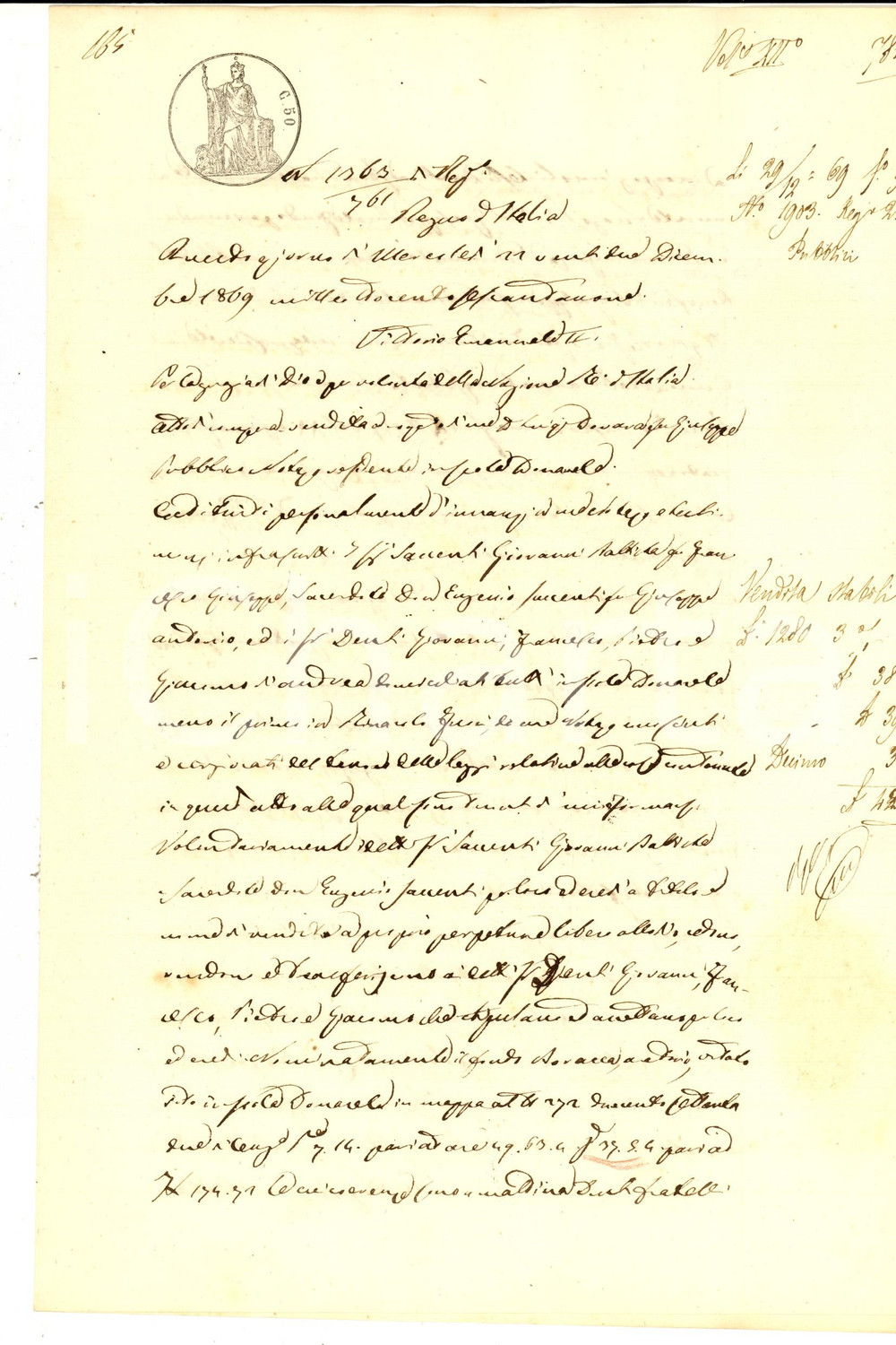 Documento originale, autentico 1869 ISOLA DOVARESE Giovanni Battista SACCENTI vende terra ai fratelli DENTI 1