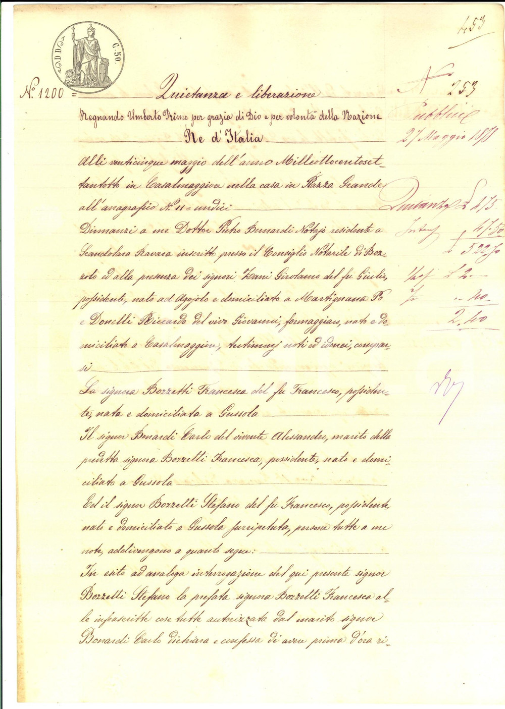 Documento originale, autentico 1868 GUSSOLA Francesca BOZZETTI riceve quota ereditaria dal fratello Stefano 1