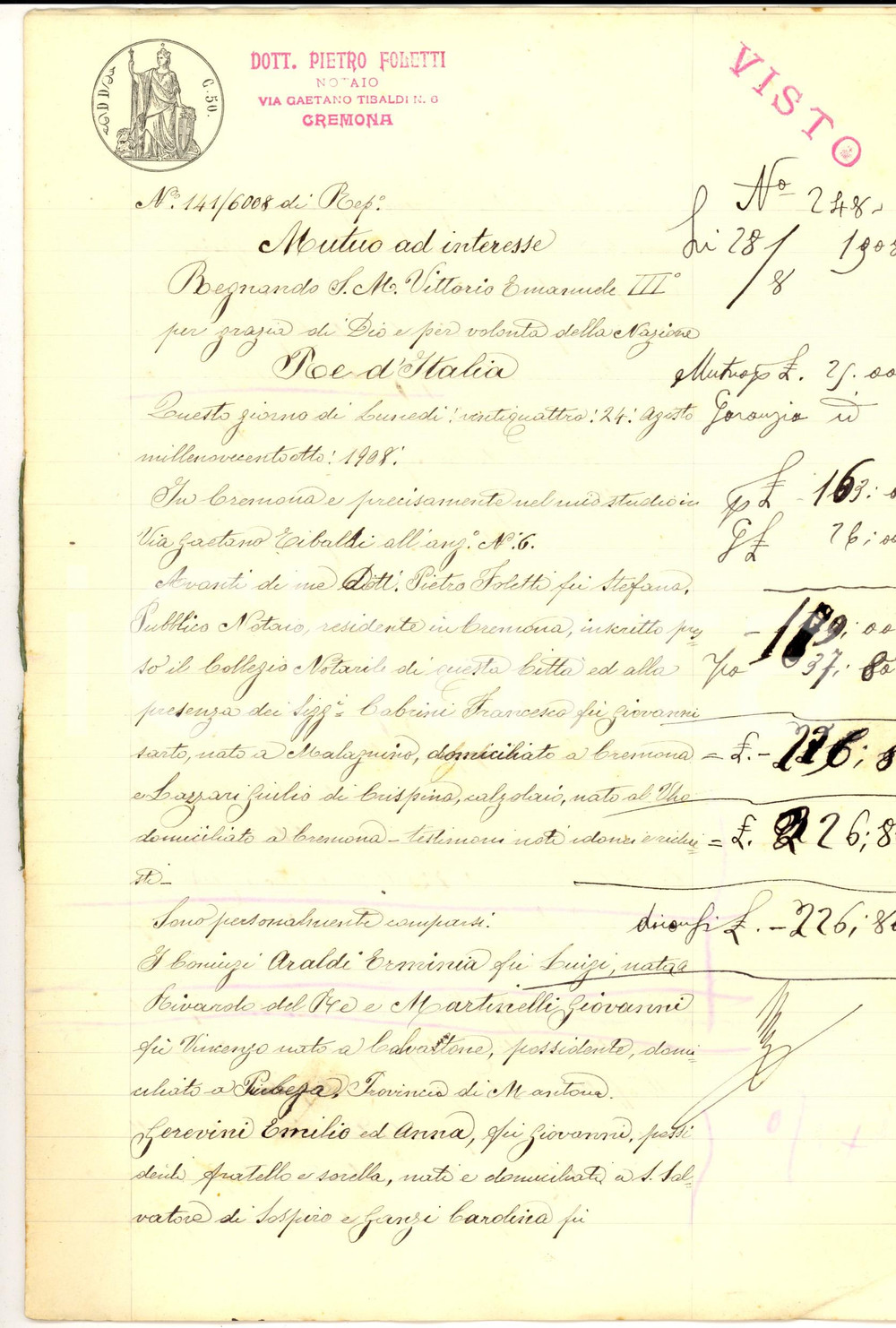Documento originale, autentico 1908 CREMONA Contratto prestito a interesse tra Emilio GEREVINI ed Emilia ARALDI 1