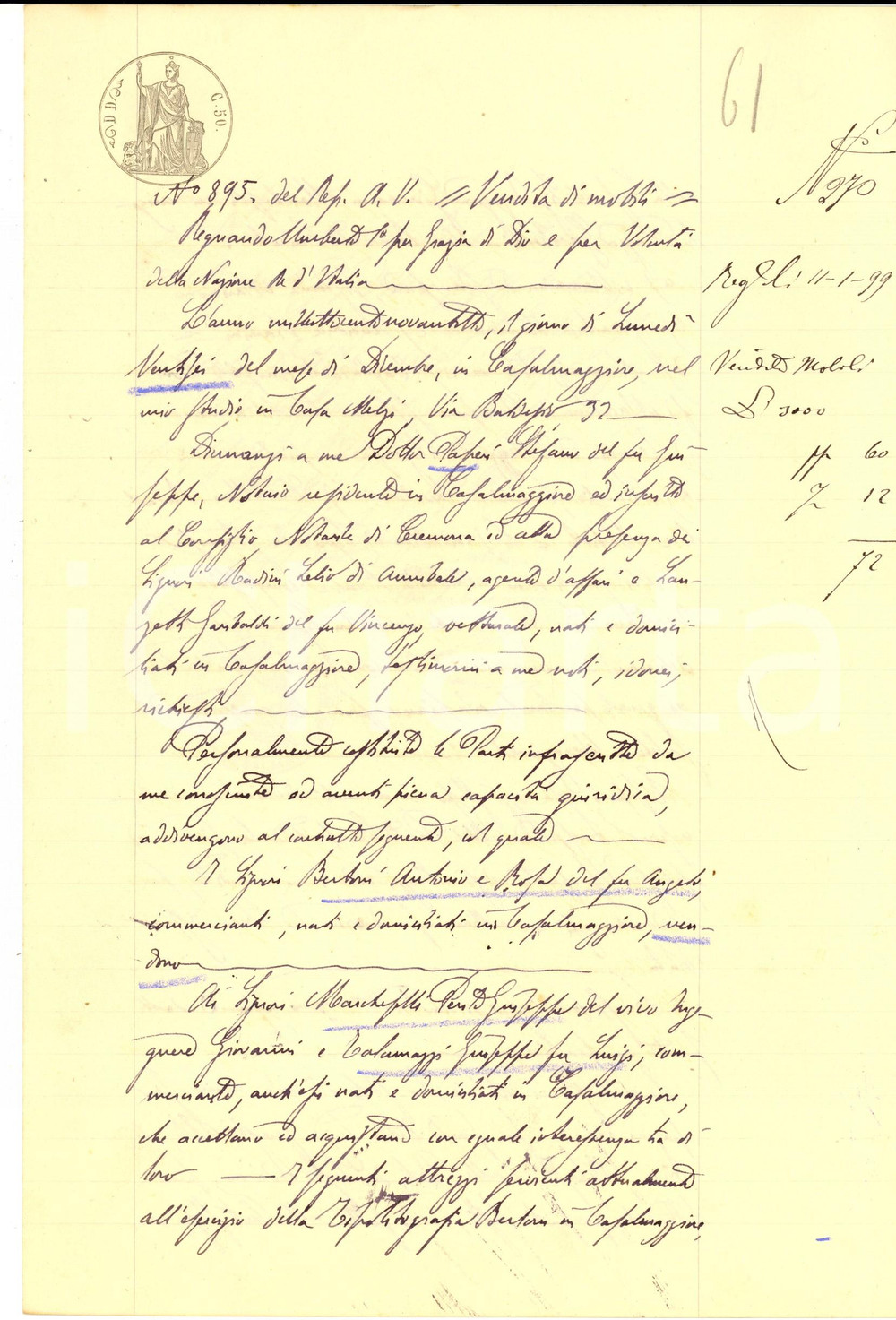 Documento originale, autentico 1898 CASALMAGGIORE Tipografo Antonio BERTONI vende attrezzature a MARCHESETTI 1