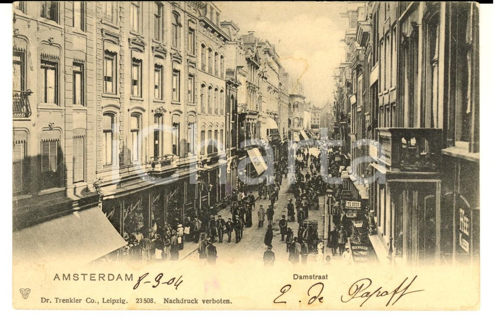 Cartolina originale da collezione 1904 AMSTERDAM OLANDA Damstraat VINTAGE postcard ANIMATED 1