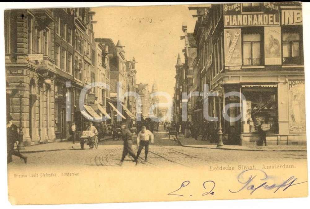 Cartolina originale da collezione 1900 ca AMSTERDAM OLANDA Leidsche Straat VINTAGE postcard ANIMATED 1