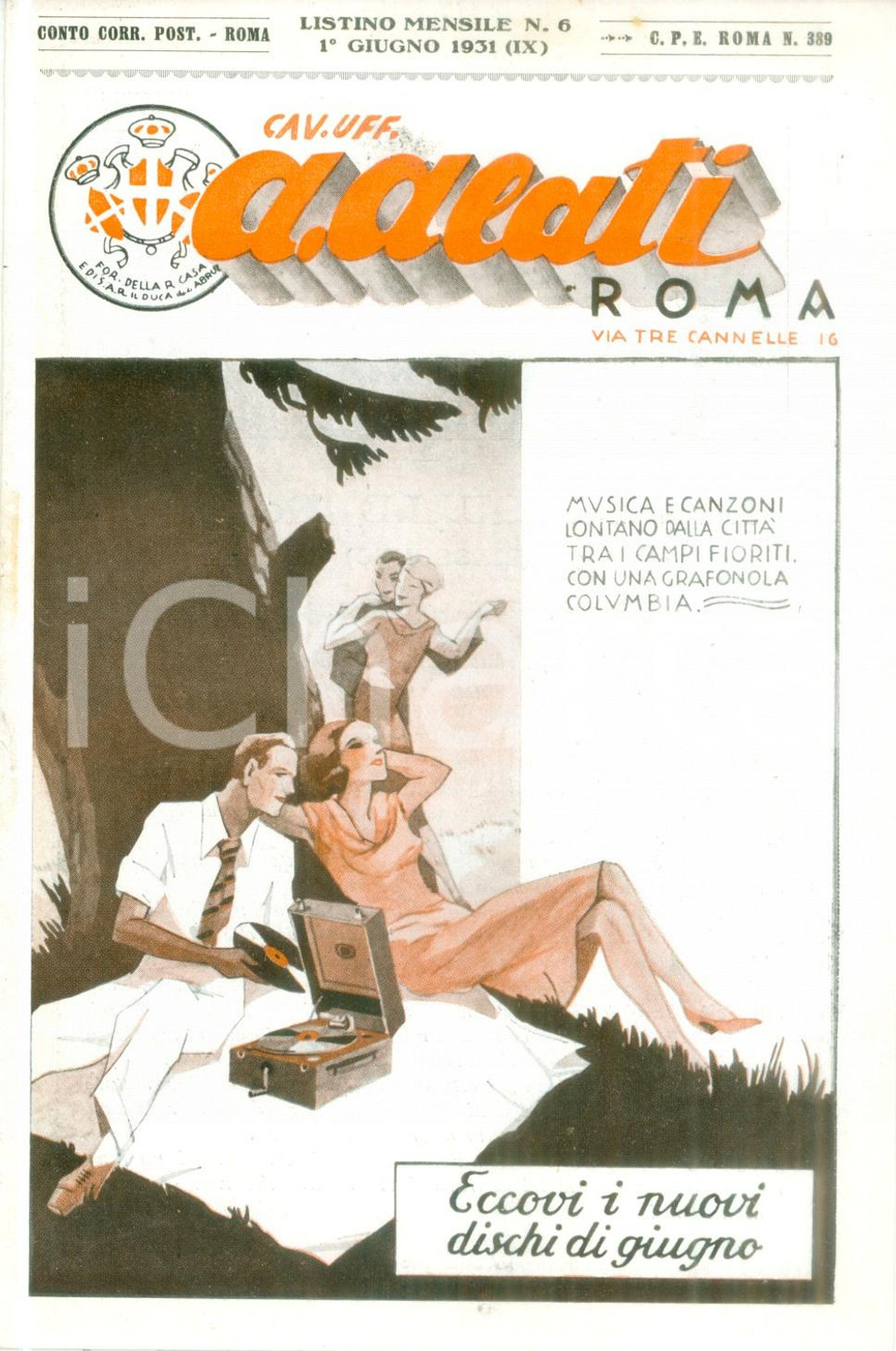 Materiale pubblicitario d’epoca Giugno 1931 ROMA Ditta Cav. ALATI Nuovi dischi Listino mensile ILLUSTRATO 1