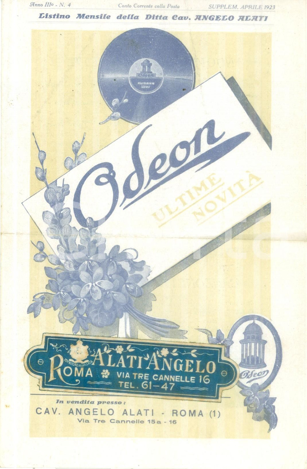 Materiale pubblicitario d’epoca Aprile 1923 ROMA Ditta Cav. ALATI Ultime novità ODEON Listino mensile ILLUSTRATO 1
