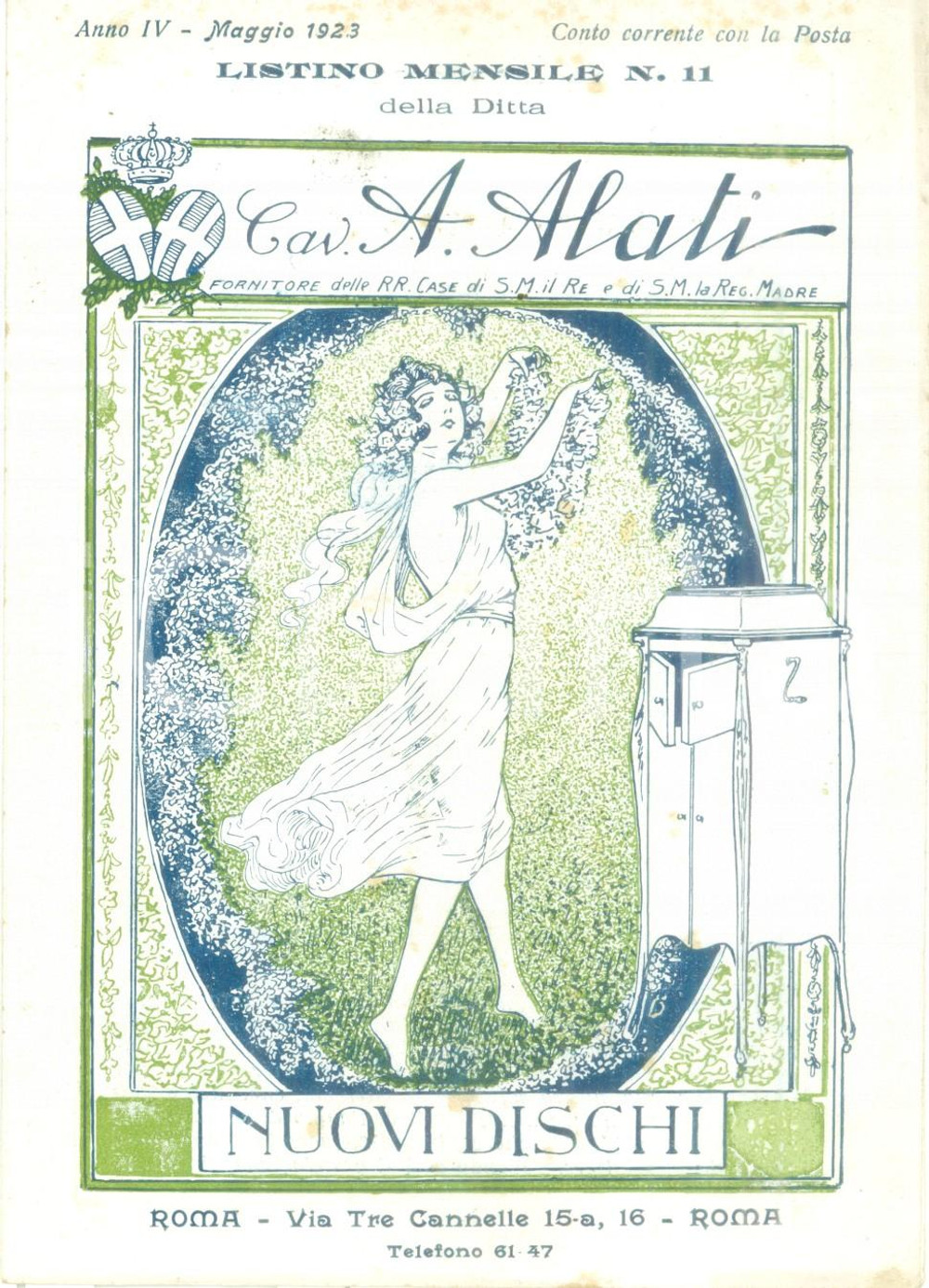 Materiale pubblicitario d’epoca Maggio 1923 ROMA Ditta Cav. ALATI Nuovi dischi Listino mensile ILLUSTRATO 1