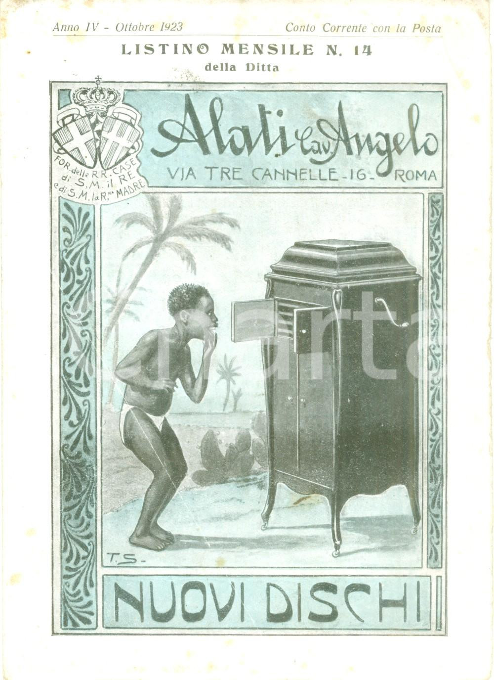 Materiale pubblicitario d’epoca Ottobre 1923 ROMA Ditta Cav. ALATI Nuovi dischi Listino mensile ILLUSTRATO 1