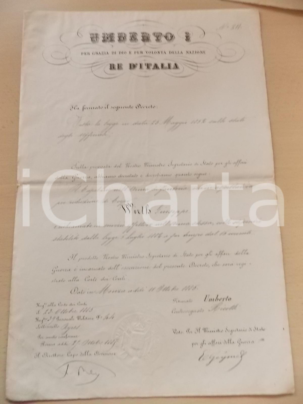 Documento originale, autentico 1885 TORINO Richiamo in servizio del capitano Giuseppe WIRTH Decreto 25x38 cm 1