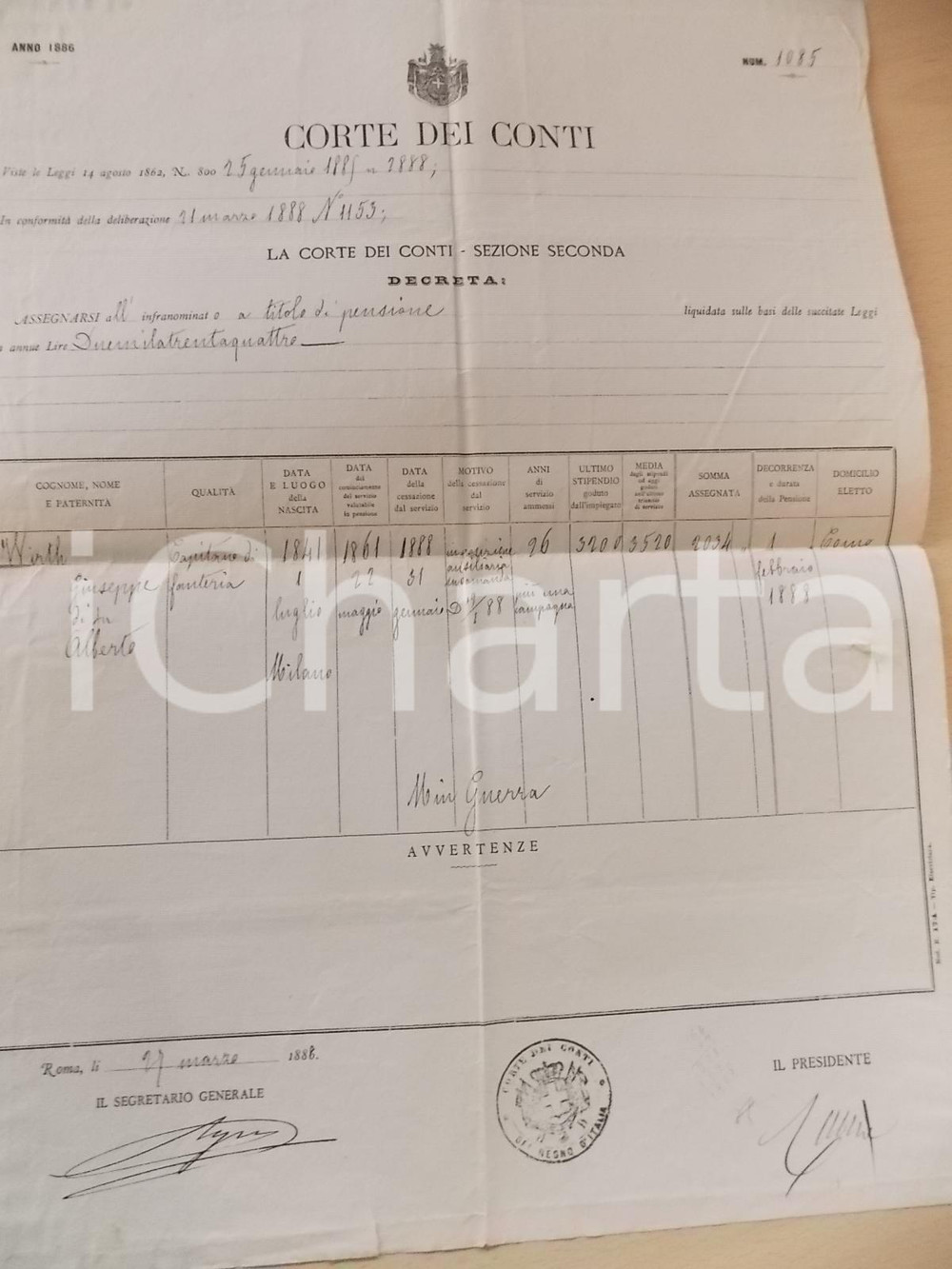 Documento originale, autentico 1886 ROMA CORTE DEI CONTI Decreto per pensione capitano Giuseppe WIRTH 1