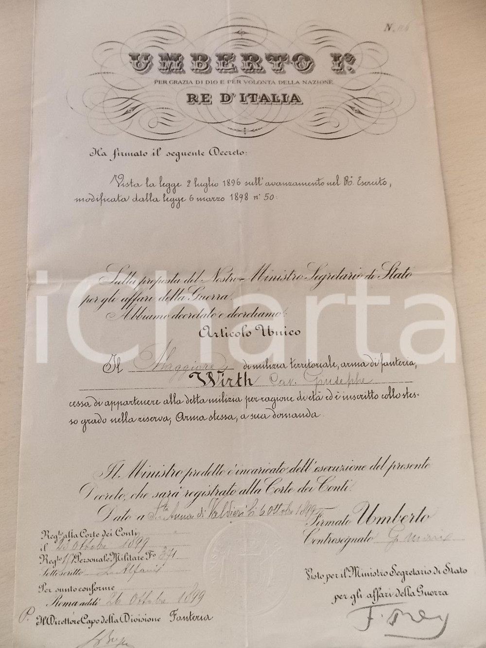 Documento originale, autentico 1899 SANT ANNA DI VALDIERI CN Maggiore Giuseppe WIRTH riserva milizia Decreto 1