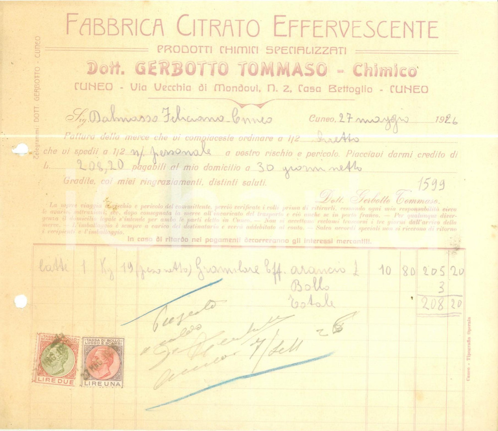 Documento originale, autentico 1926 CUNEO Chimico Tommaso GERBOTTO Fabbrica Citrato Effervescente Fattura 3 1