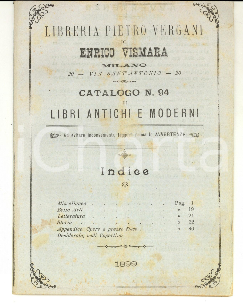 Libro, pubblicazione d epoca 1899 MILANO Libreria Pietro VERGANI Catalogo libri antichi e moderni nÂ° 94 1