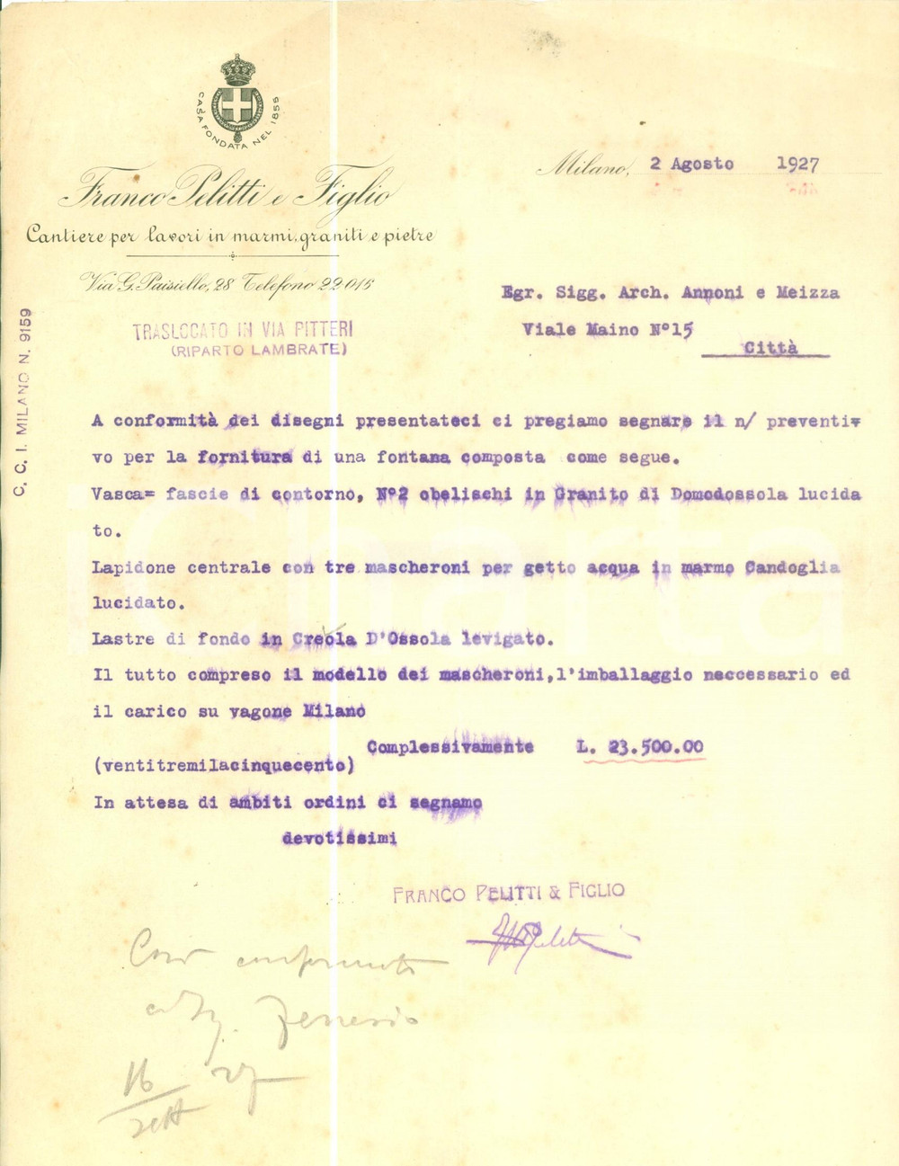 Documento originale, autentico 1927 MILANO Ditta Franco PELITTI & Figlio Lavori in marmi e graniti Fattura 1